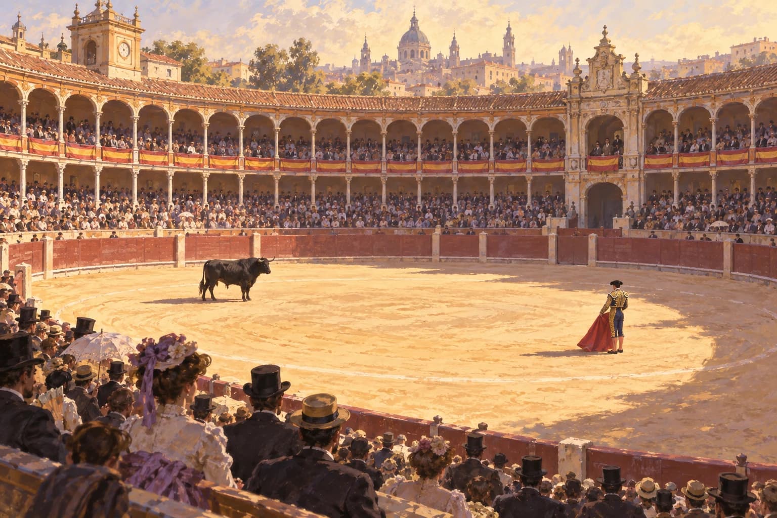 Illustrated panorama of a nineteenth-century bullring, with a bull and matador apart in the arena and no violence