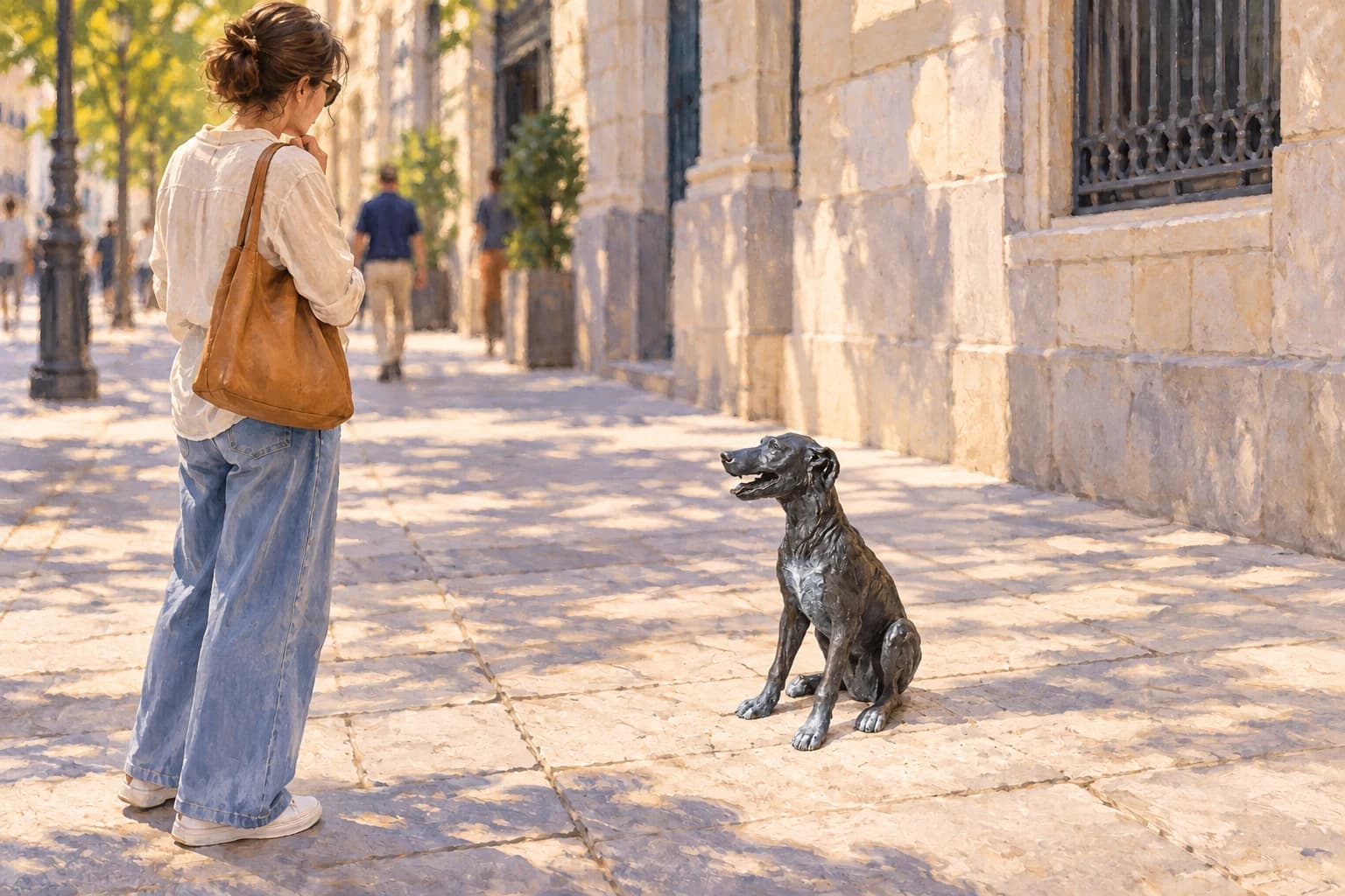 Illustration of Paco's present-day monument: a lean dark-bronze dog with a long muzzle and folded ears, seated directly on the pavement