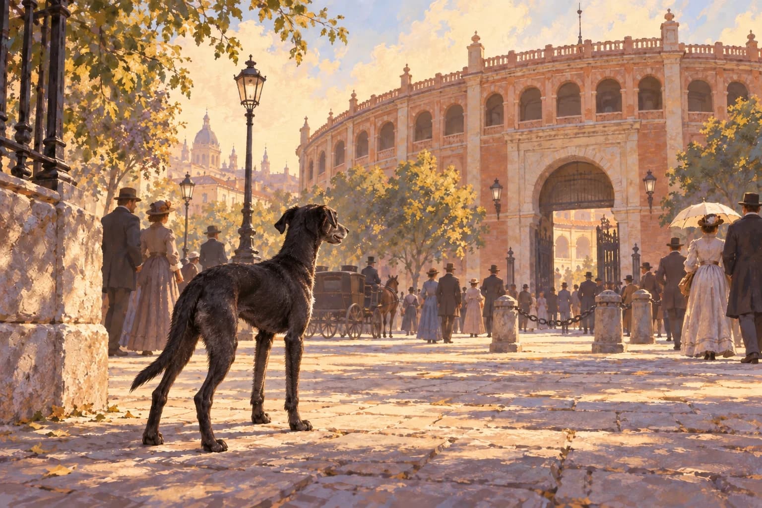Illustration of a black dog outside the entrance to a nineteenth-century bullring