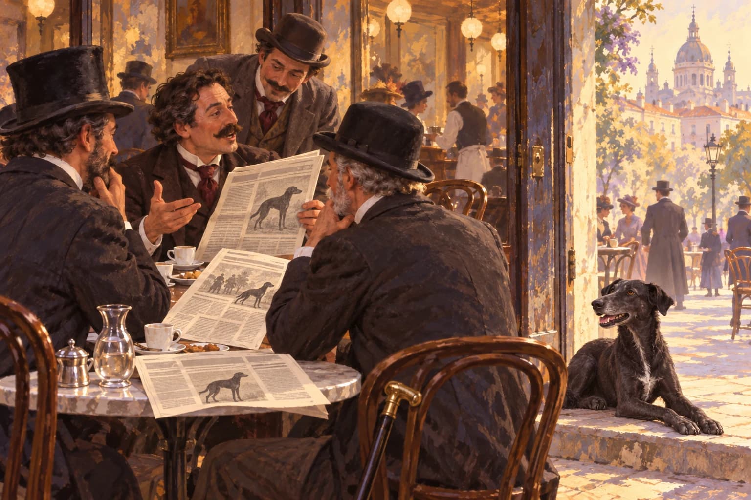 Illustration of Madrid café patrons discussing newspapers while a black dog rests by the entrance