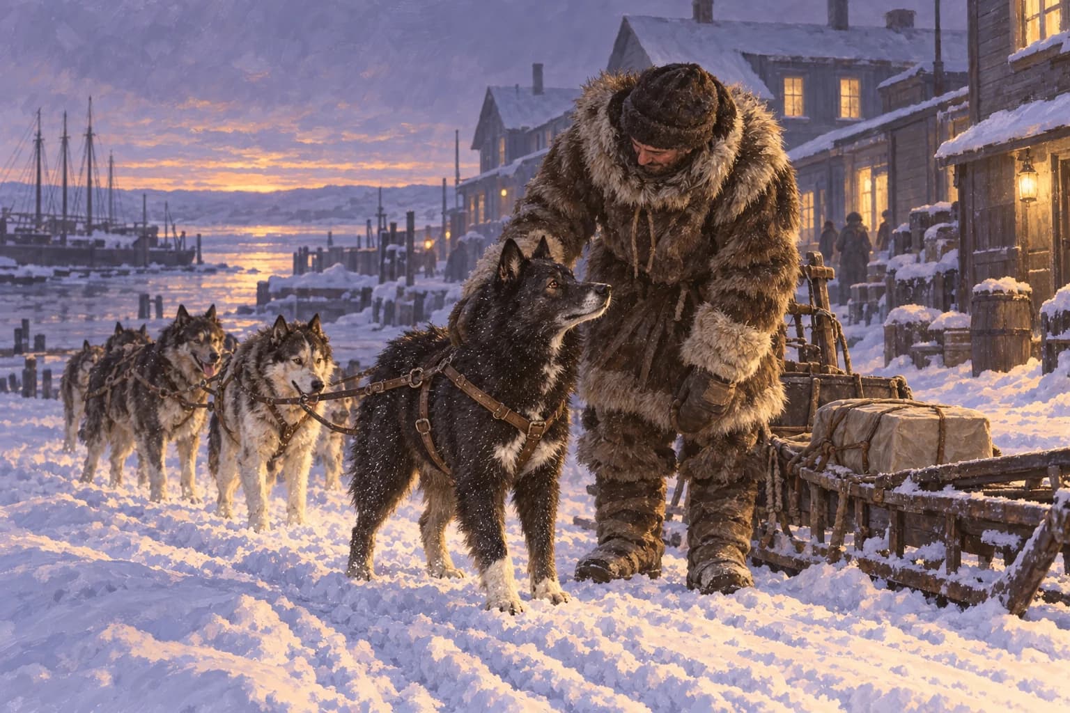 Ilustración de Balto, perro oscuro con una mancha clara en el pecho, junto a Kaasen y el trineo en un asentamiento nevado