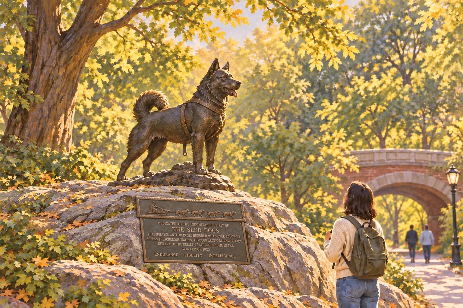 Ilustración del monumento de bronce de Balto sobre una placa con relieve de trineo y perros y una dedicatoria en Central Park