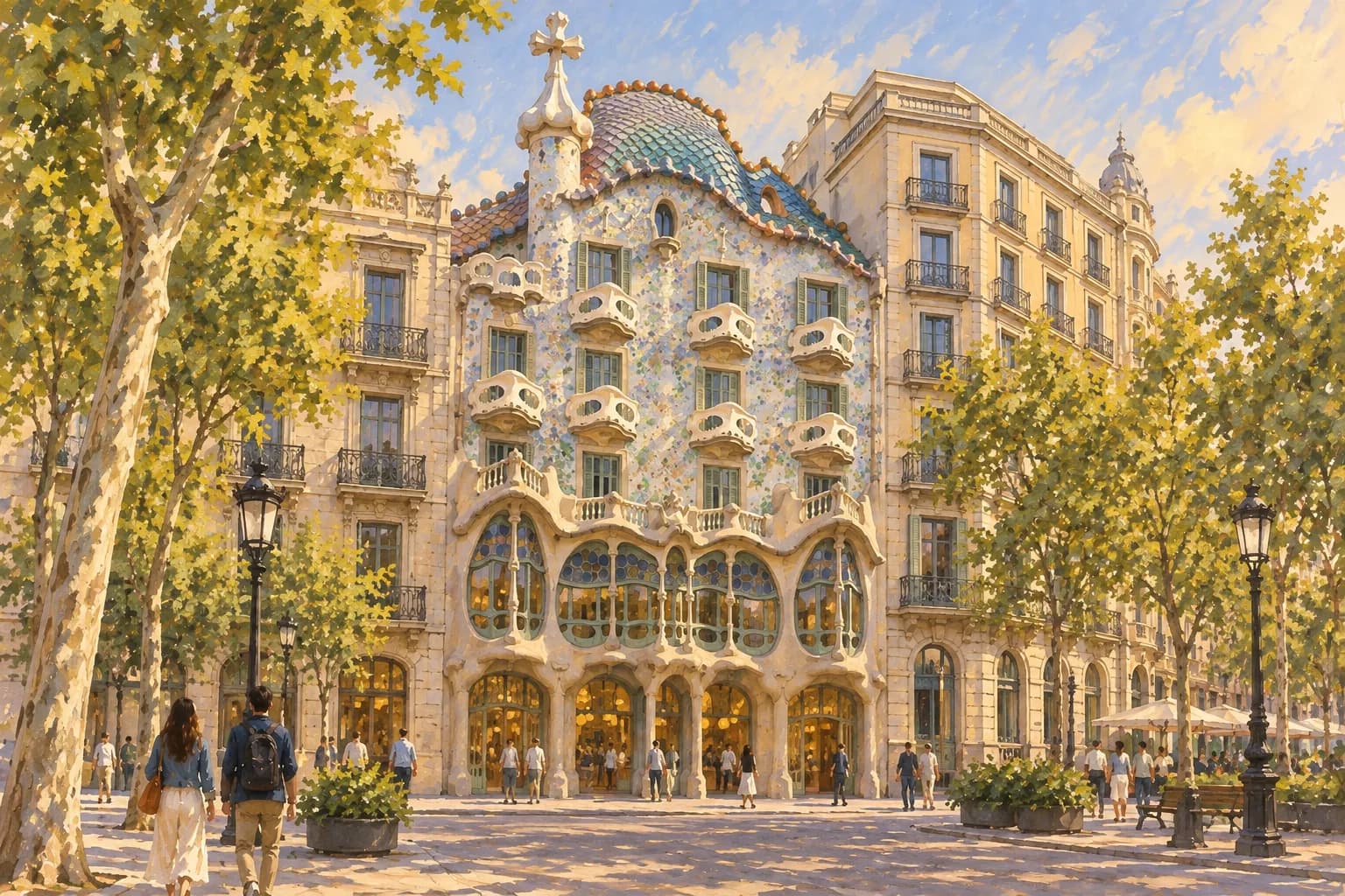 Ilustración de Casa Batlló entre edificios del Passeig de Gràcia, con mosaico azul verdoso, balcones de formas óseas y tejado curvo de escamas