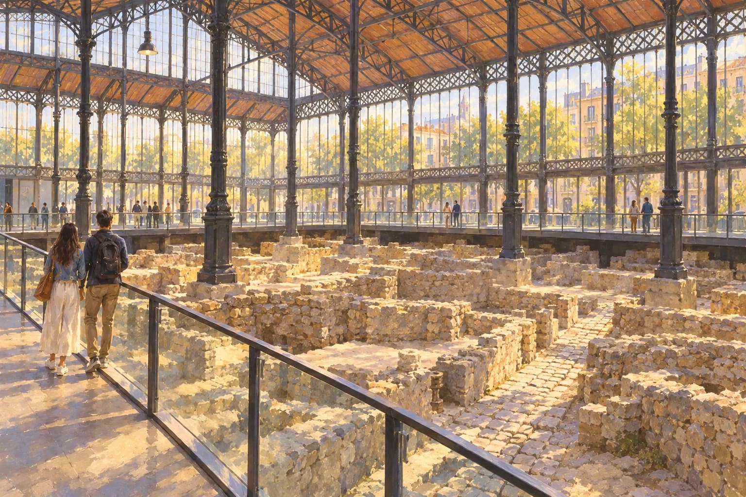 Interpretación del yacimiento del Born bajo una cubierta de hierro y vidrio, con restos de muros y calles vistos desde una pasarela elevada