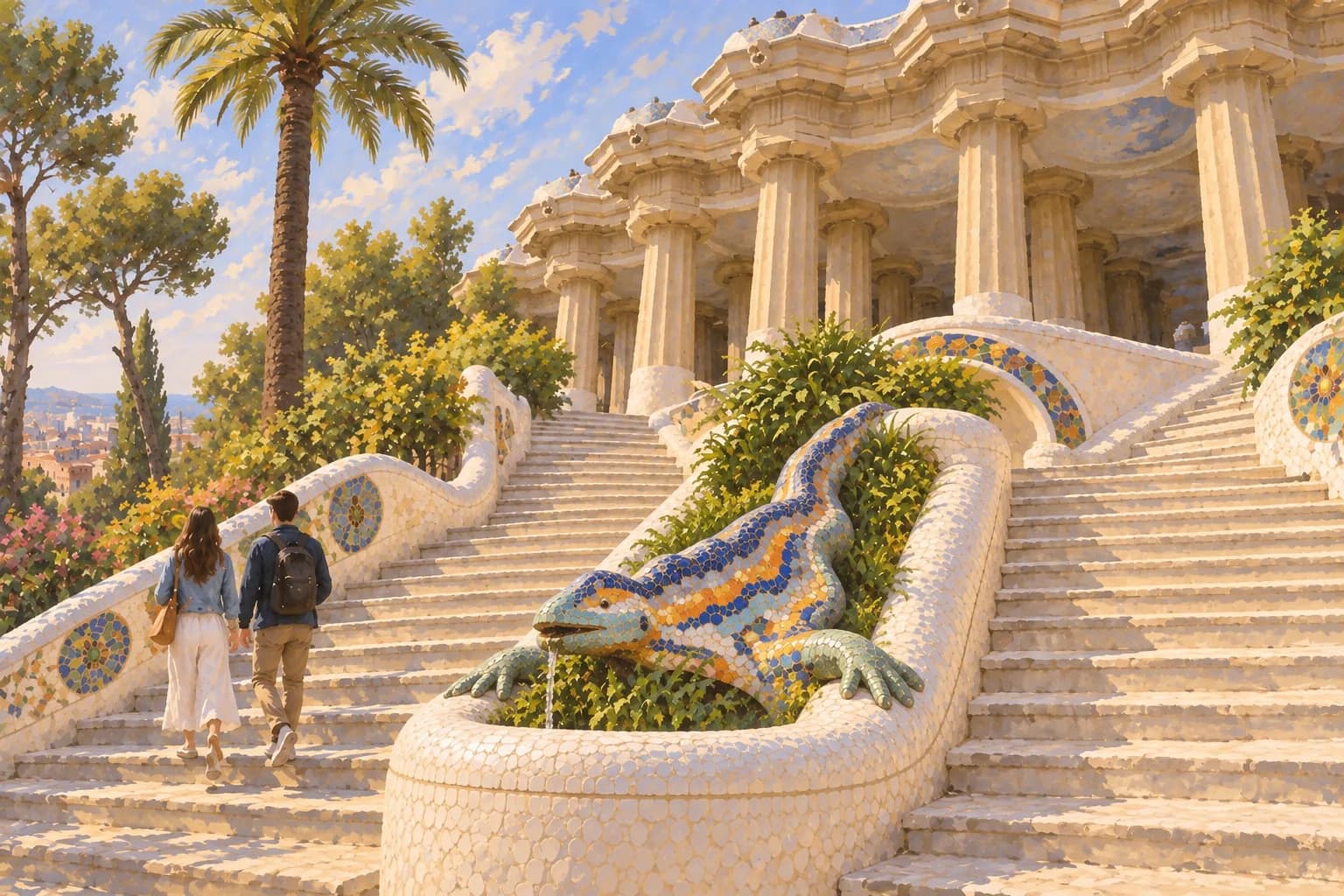 Ilustración de la salamandra de mosaico del Park Güell sobre la fuente, entre escalinatas claras que ascienden hacia la sala de columnas