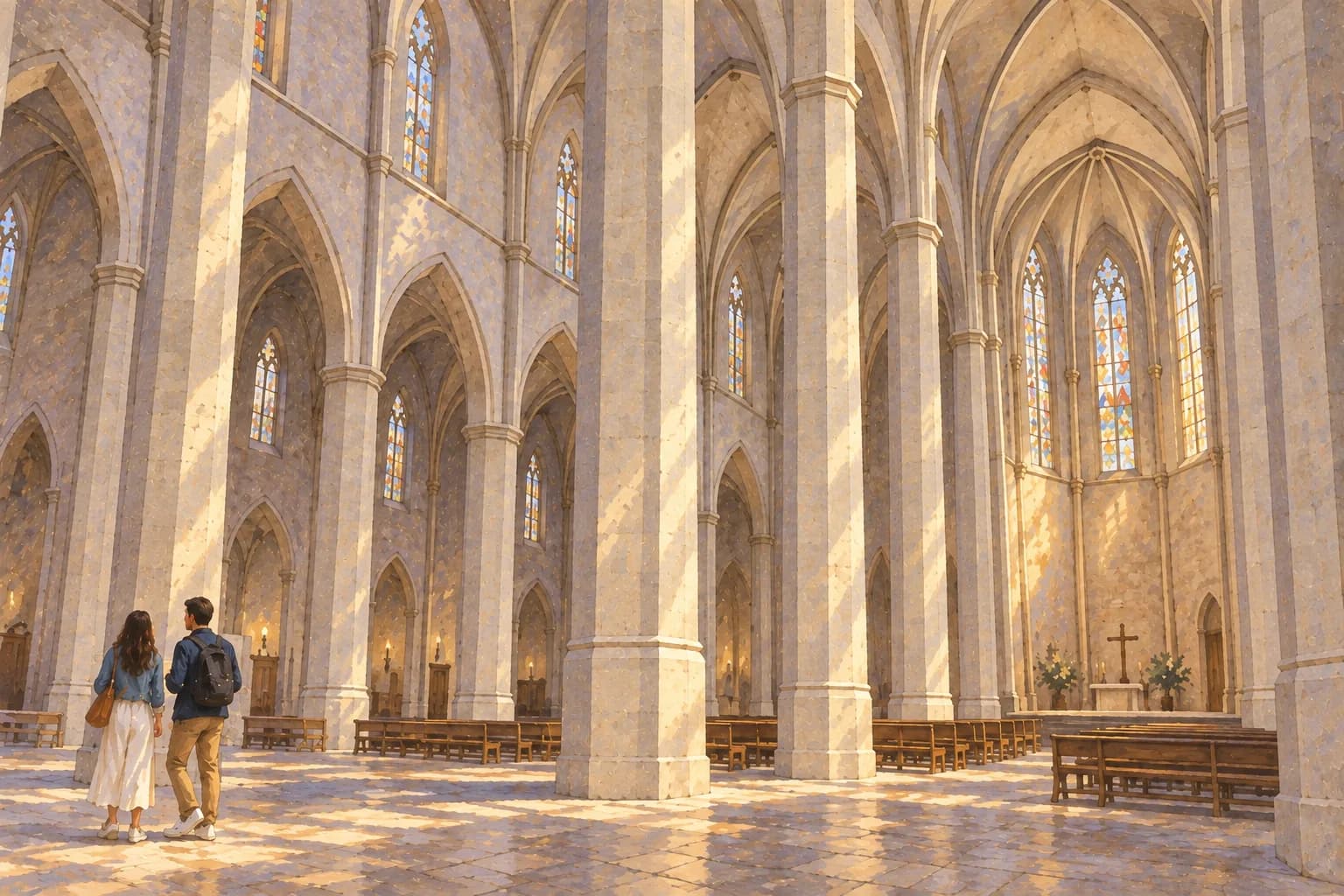 Interpretación del interior gótico de Santa Maria del Mar, con pilares de piedra octogonales, arcos apuntados y bóvedas sobrias sobre los bancos
