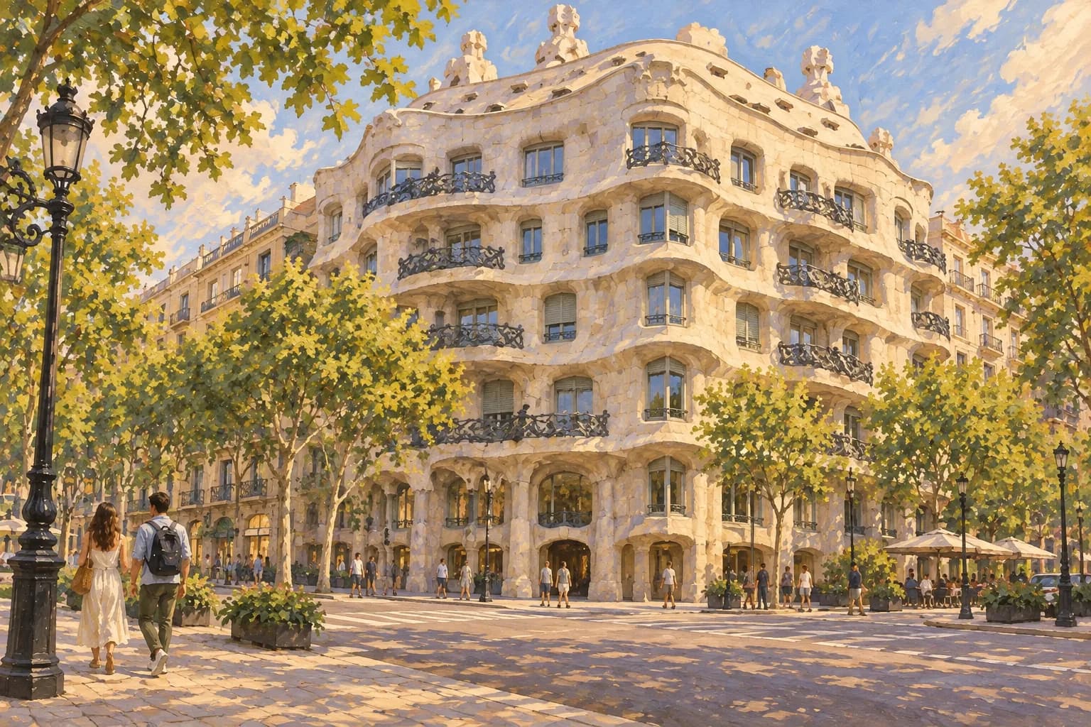 Interpretación de la Casa Milà en su esquina del Passeig de Gràcia, con fachada de piedra ondulada, balcones de hierro oscuro y peatones en la acera