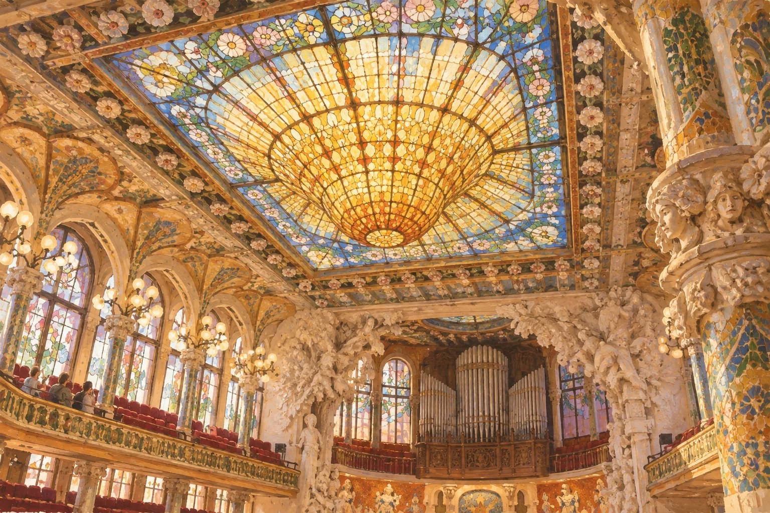 Ilustración del interior del Palau de la Música Catalana, con claraboya de vidrio azul y ámbar abombada hacia abajo sobre la sala