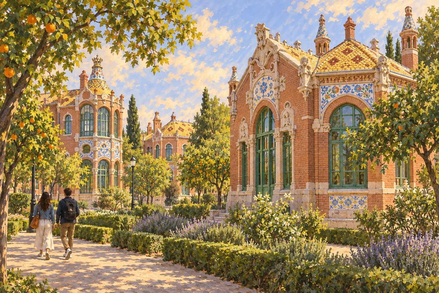 Interpretación de los pabellones modernistas de Sant Pau entre jardines, con ladrillo rojo, cerámica decorativa y cubiertas de tejas ocres