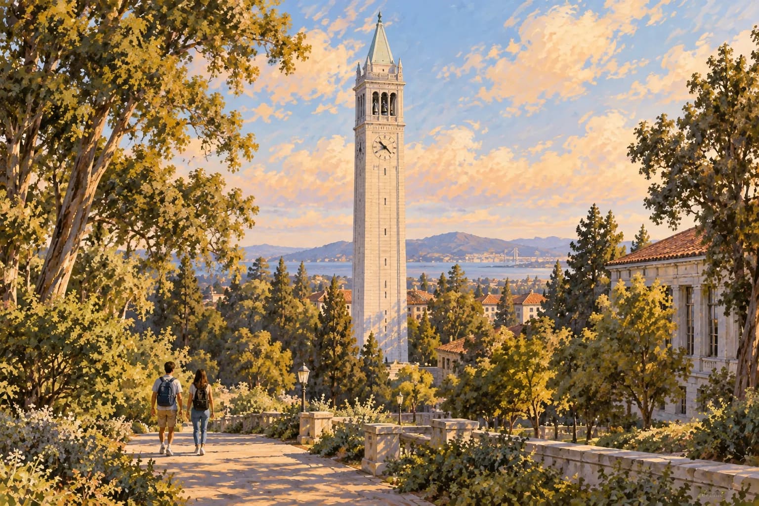 Illustration of Berkeley’s Sather Tower, with a pale square shaft, clock, open belfry and pyramidal roof