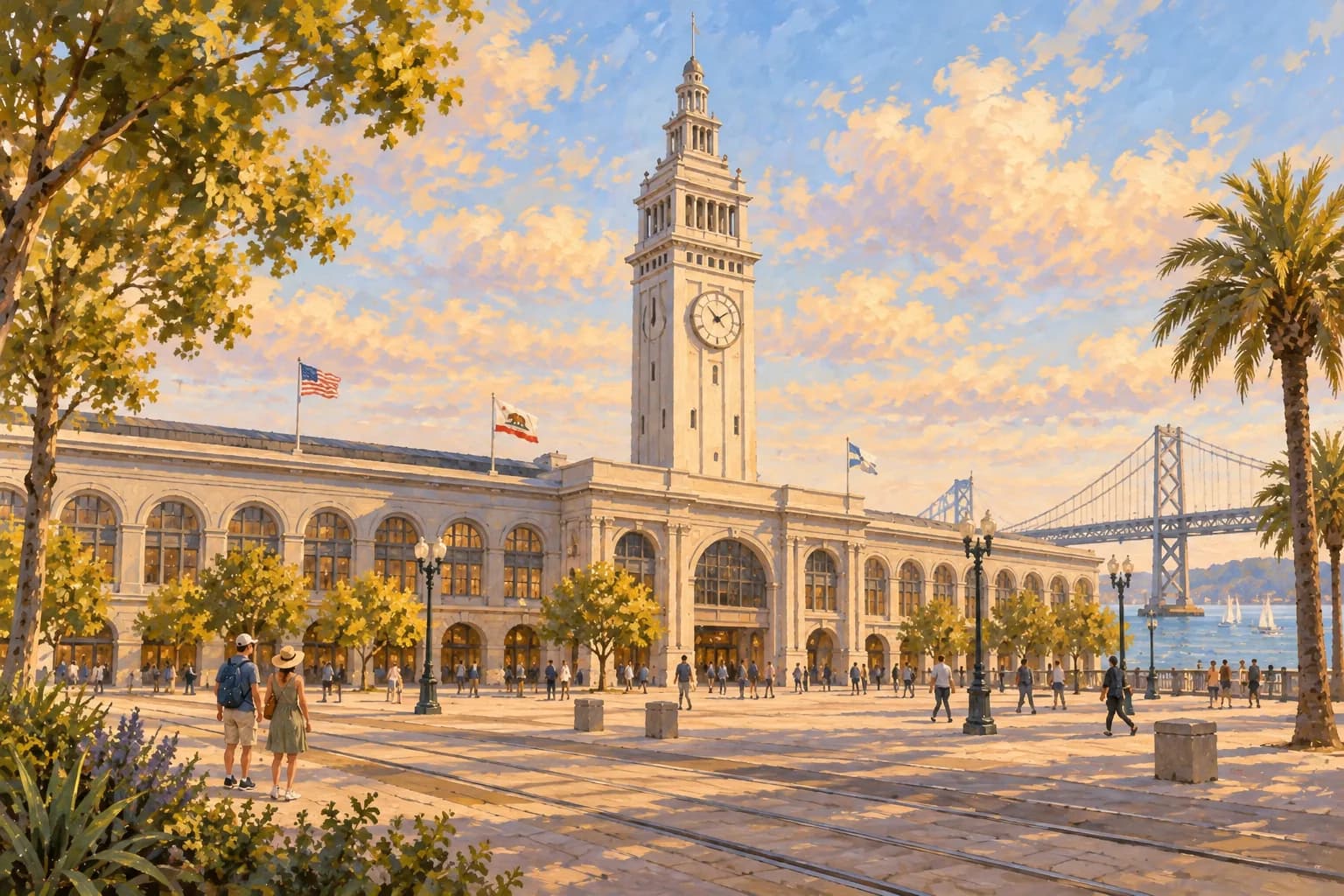 Illustration of the Ferry Building’s long arched facade and central clocktower