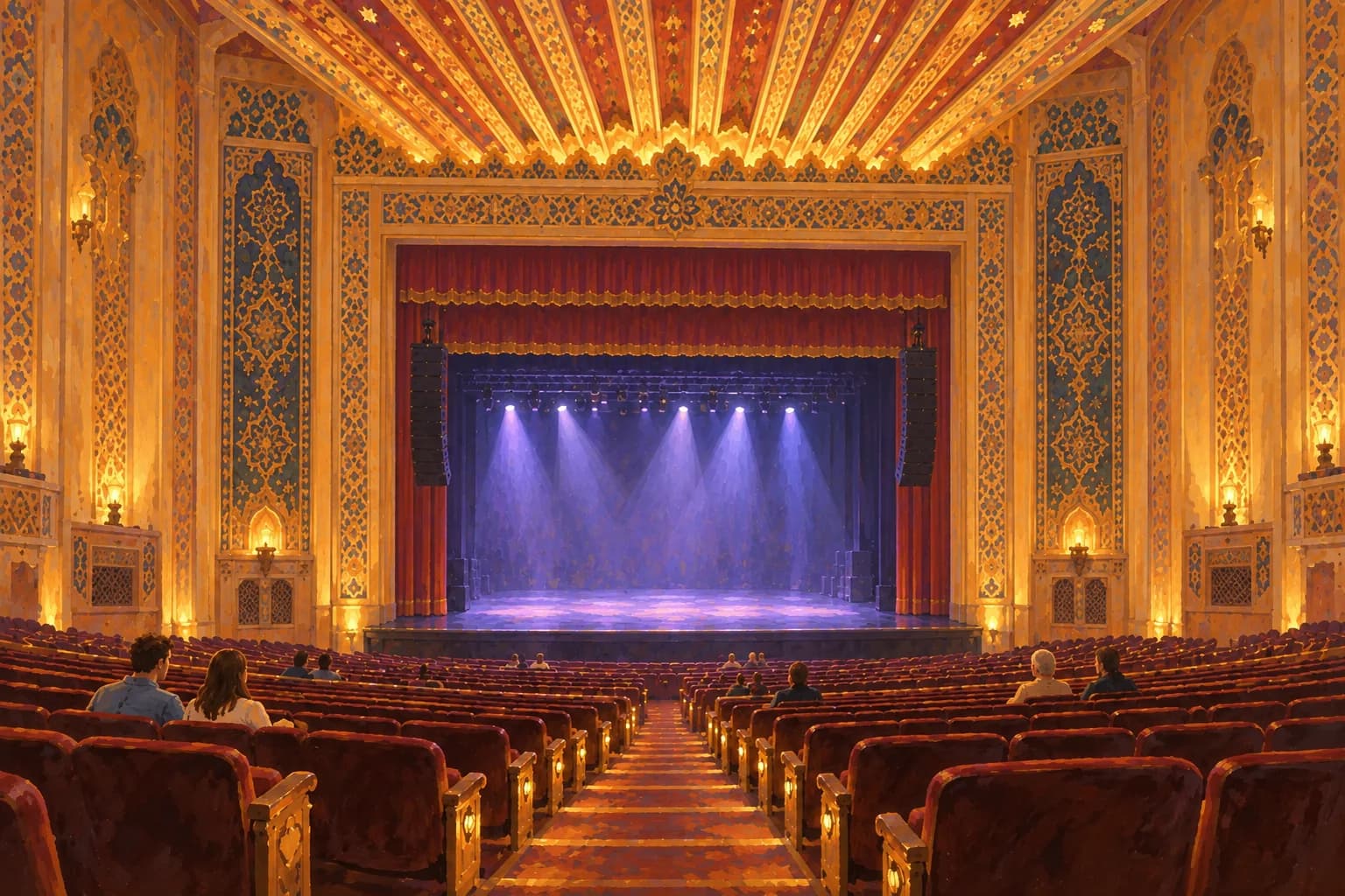 Illustrated evocation of the Fox Theater interior in Oakland, with warm ornament and an illuminated stage