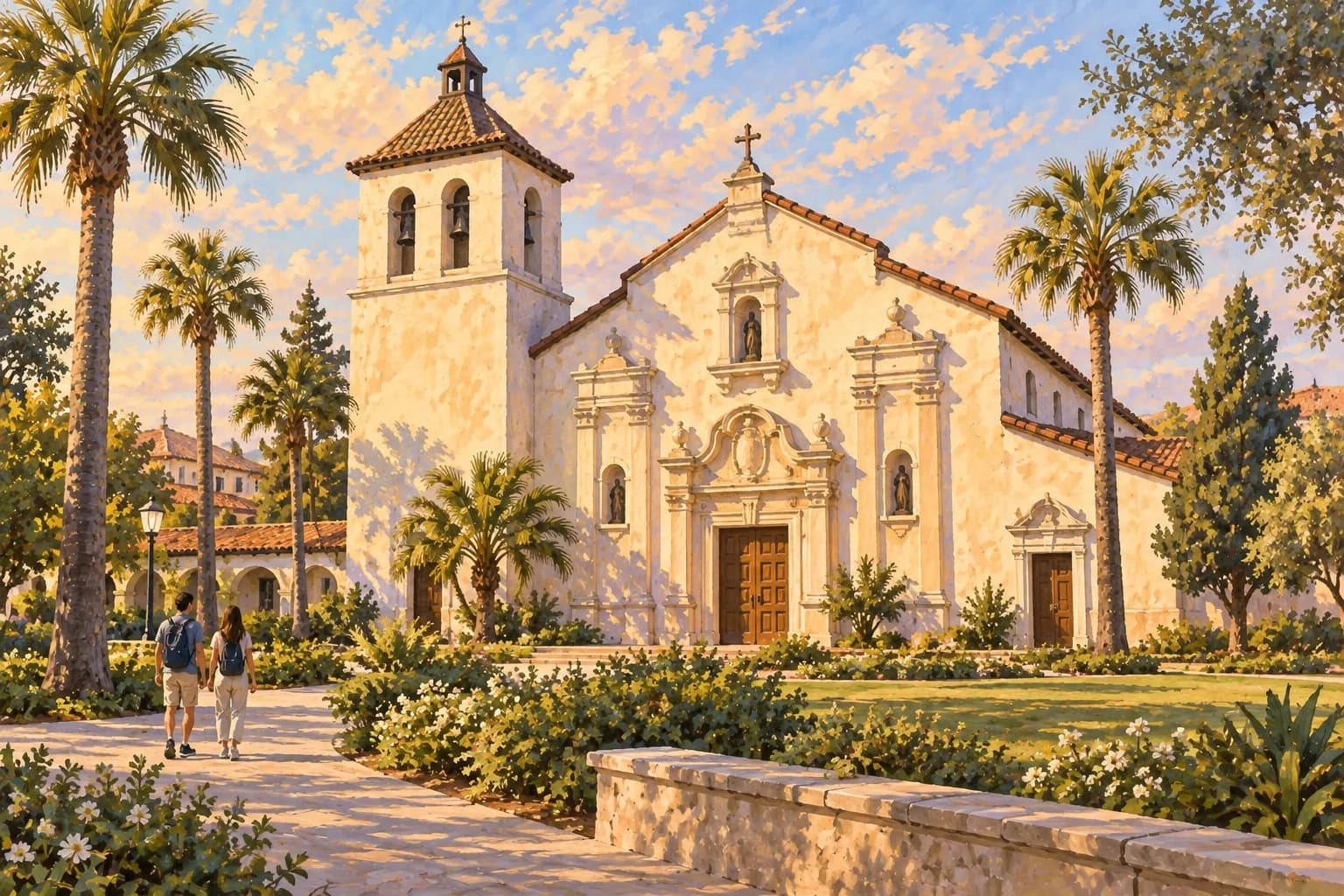 Illustration of Mission Santa Clara, with a cream facade, tiled roof and square bell tower to the left