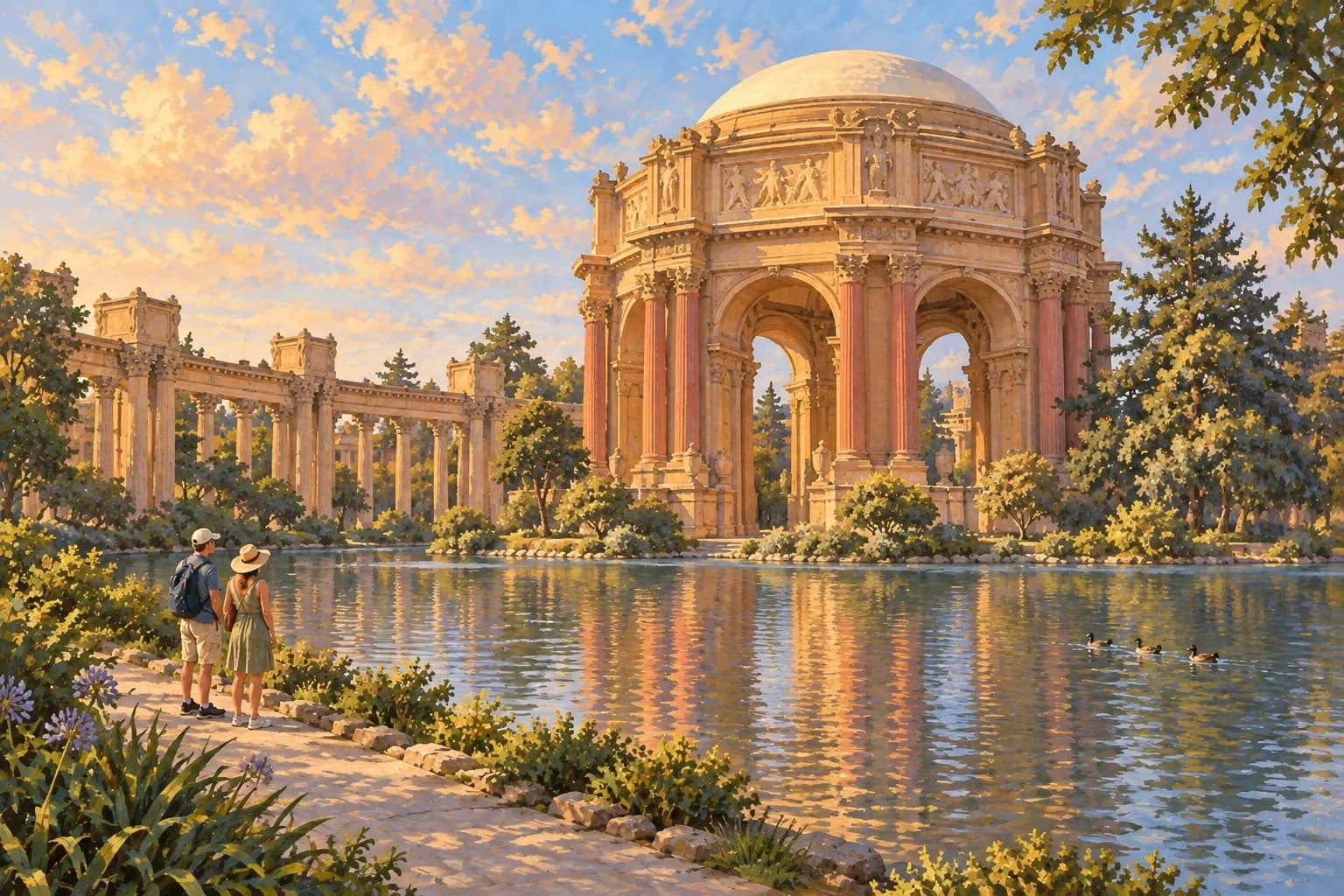 Illustration of the Palace of Fine Arts rotunda, dome, columns and lagoon reflection