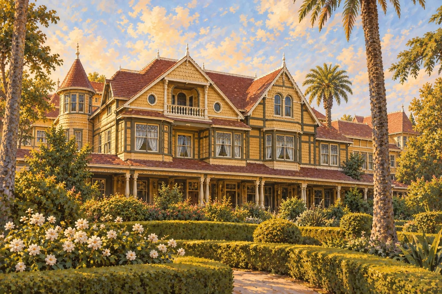 Illustration of Winchester Mystery House in San Jose, with yellow wooden facades, reddish roofs and a garden