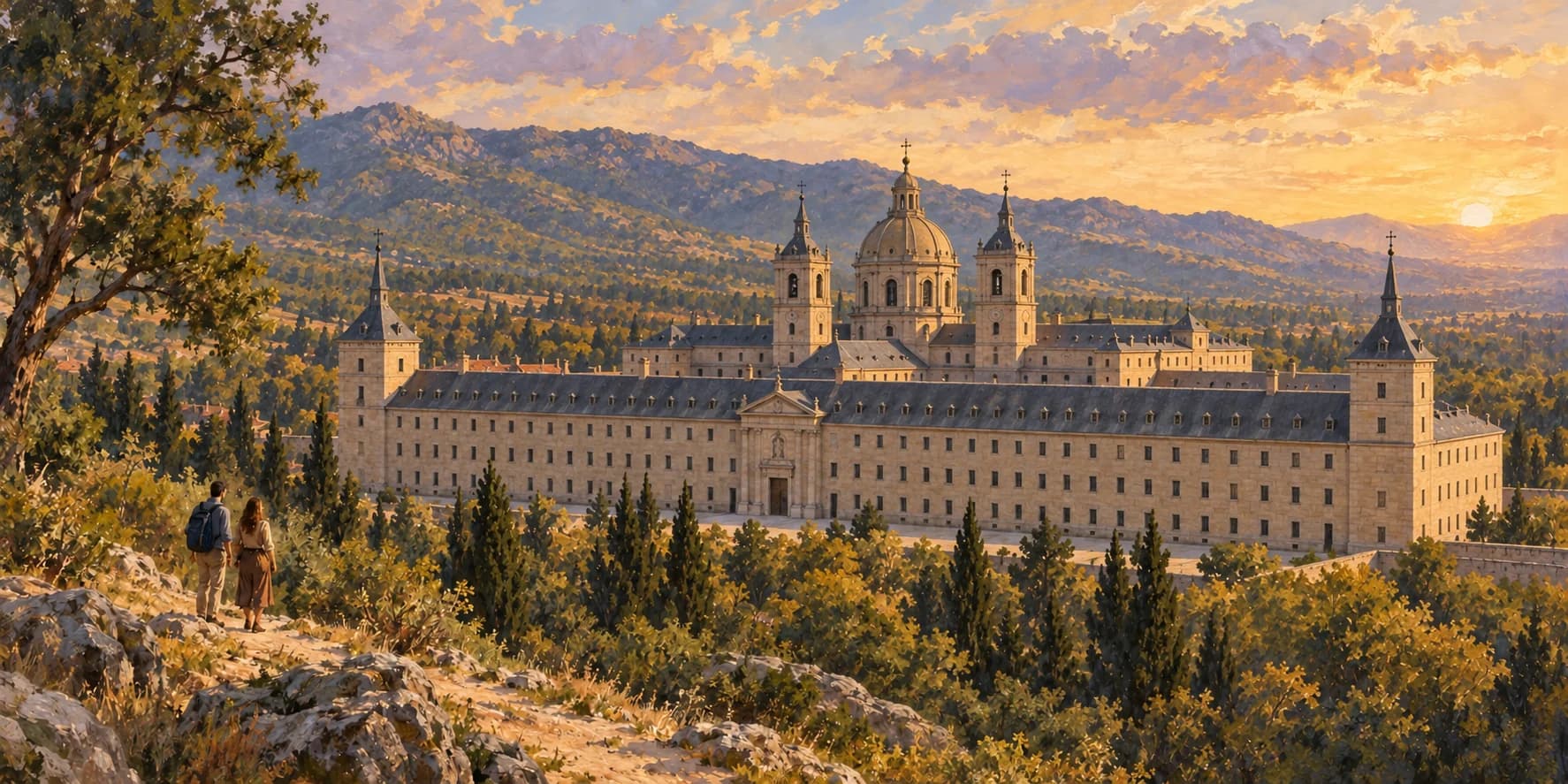 Ilustración del conjunto granítico de El Escorial, con cubiertas de pizarra, torres y cúpula; paisaje interpretado de la sierra