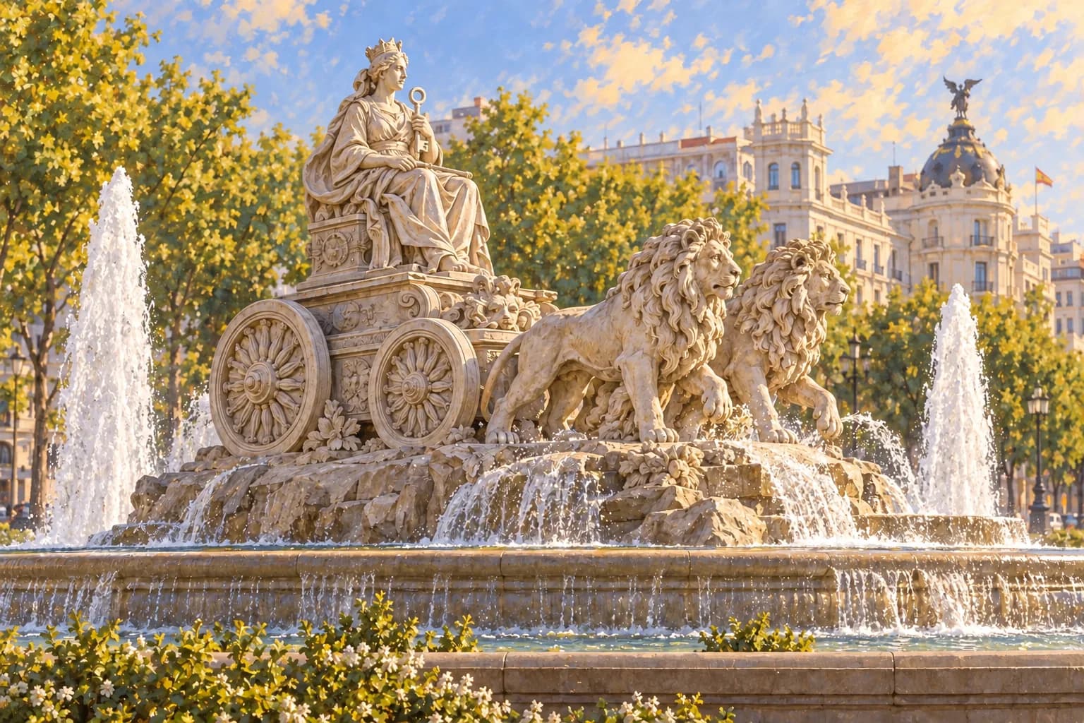 Interpretación pictórica de la fuente de Cibeles, con la diosa sentada en un carro tirado por dos leones y el agua alrededor del grupo de piedra
