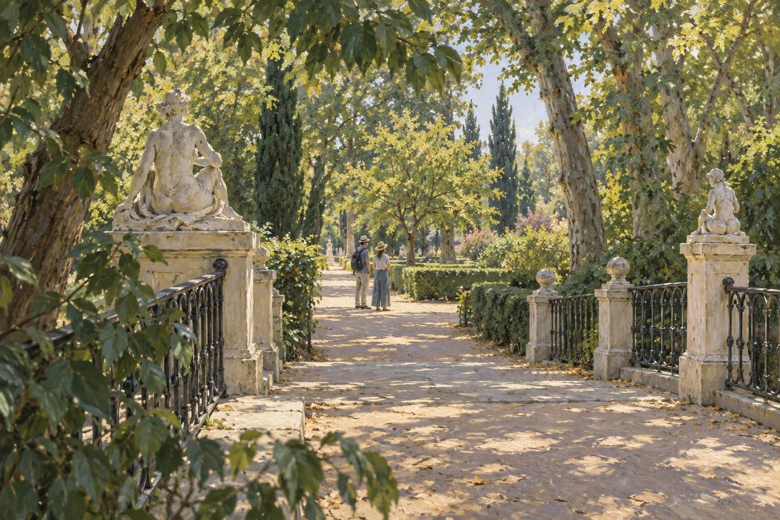 Ilustración evocadora de un paseo arbolado del Jardín de la Isla, con barandas oscuras, esculturas de piedra clara y dos personas a lo lejos