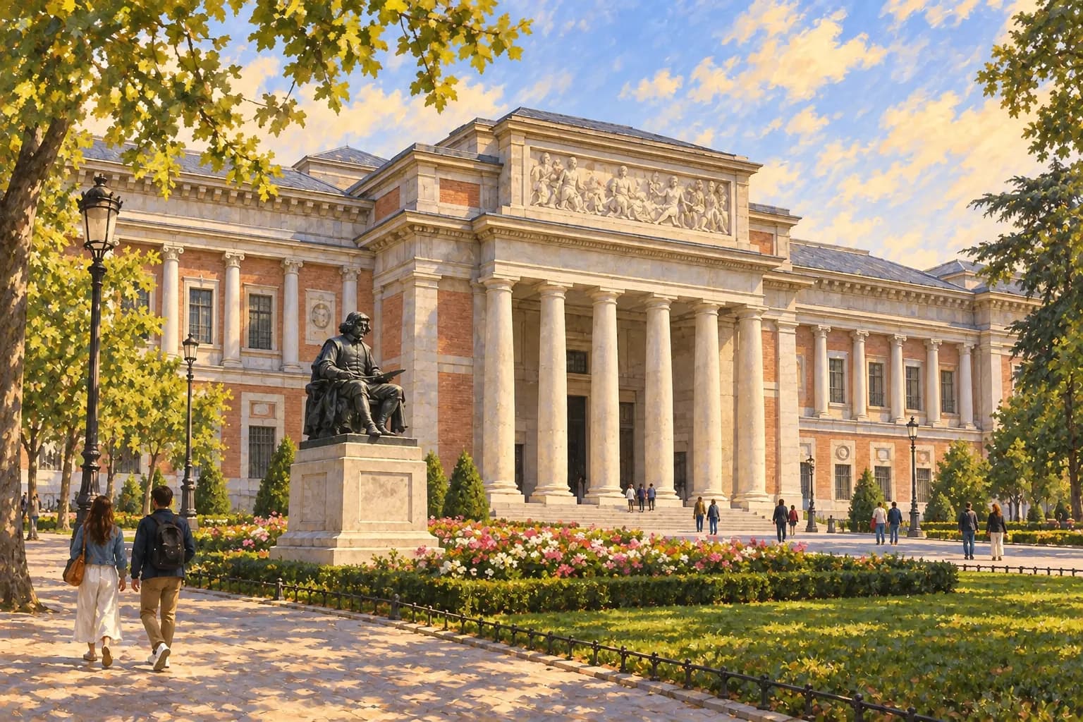 Ilustración del edificio Villanueva del Museo del Prado, con su pórtico de seis columnas, el relieve rectangular superior y la estatua sentada de Velázquez