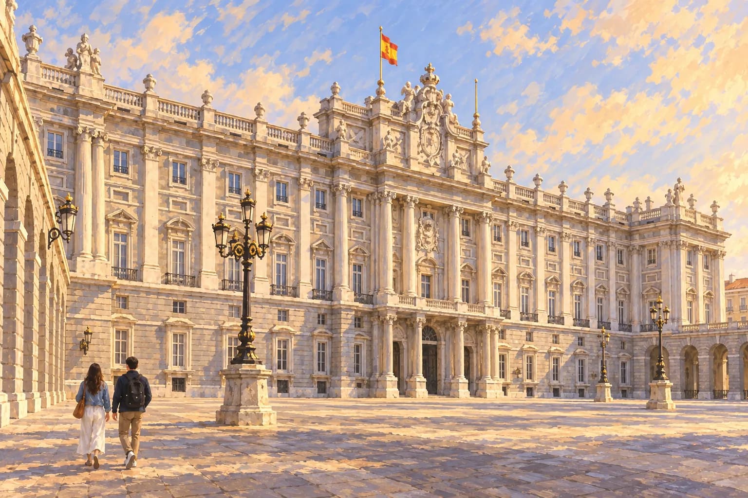 Ilustración del Palacio Real de Madrid, con su fachada de piedra clara, columnas, balcones y balaustrada, contemplado desde la Plaza de la Armería