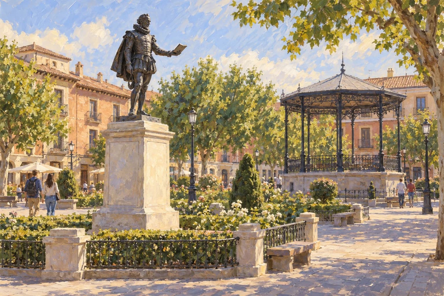 Ilustración de la estatua de Cervantes sobre un pedestal claro, con el quiosco de música y paseantes en una interpretación de la plaza de Alcalá