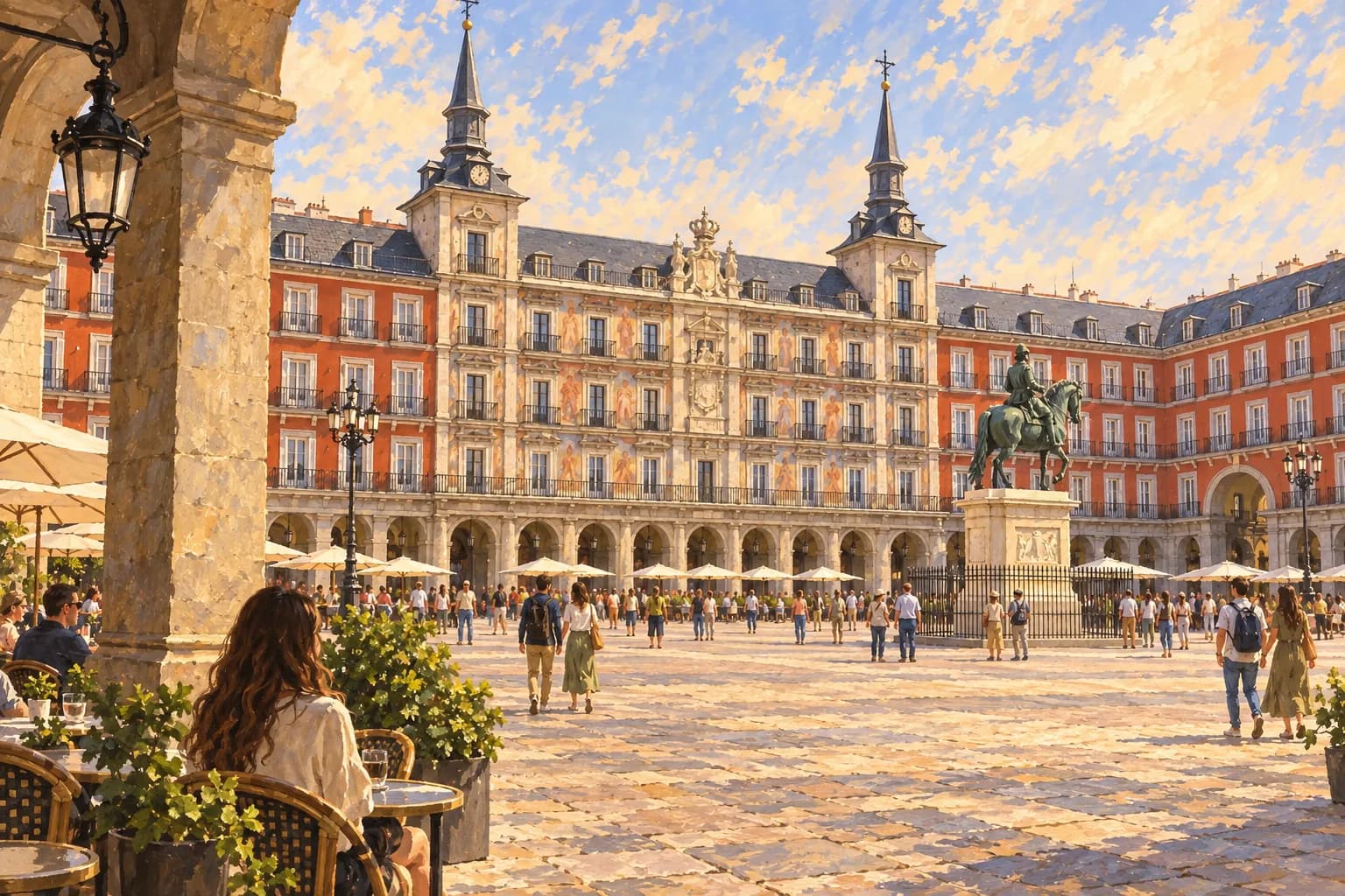 Ilustración de la Plaza Mayor de Madrid, con los soportales, la fachada pintada y las dos torres de la Casa de la Panadería y la estatua ecuestre de Felipe III