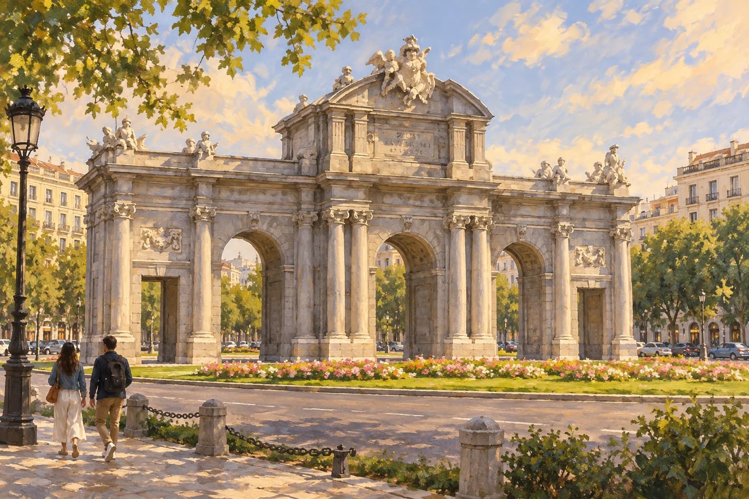 Ilustración de la Puerta de Alcalá con tres arcos centrales, dos vanos rectangulares laterales y el cuerpo central elevado, ante un jardín y paseantes