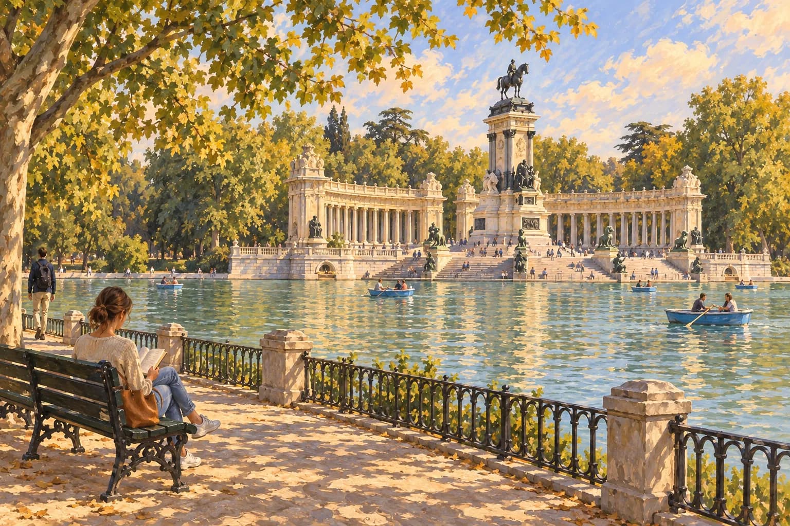 Ilustración del Estanque Grande del Retiro, con barcas azules, el monumento ecuestre a Alfonso XII sobre un alto pedestal y la columnata junto al agua