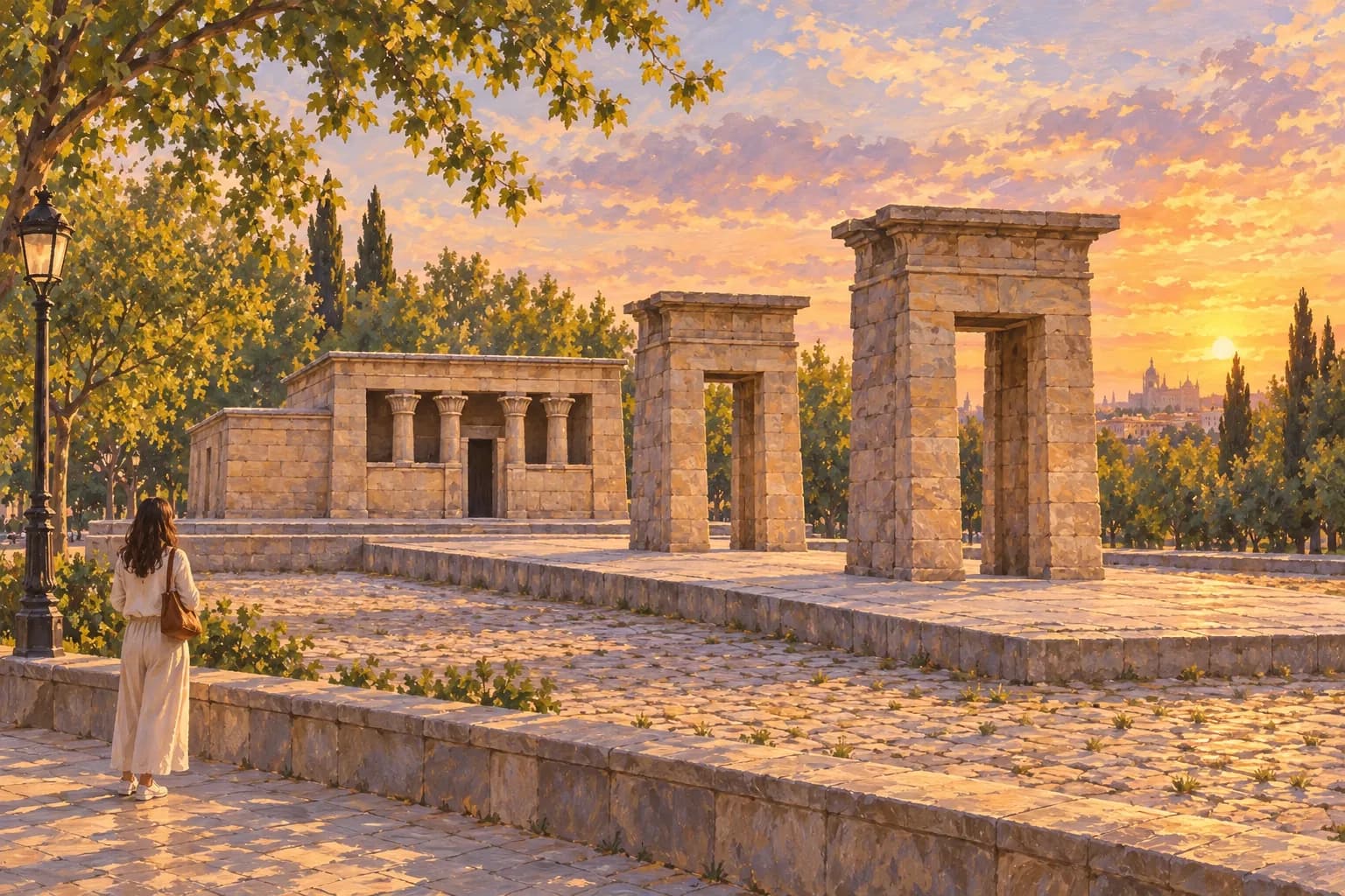 Ilustración del Templo de Debod al atardecer, con su santuario bajo de piedra arenisca, cuatro columnas en la fachada y dos portales alineados delante