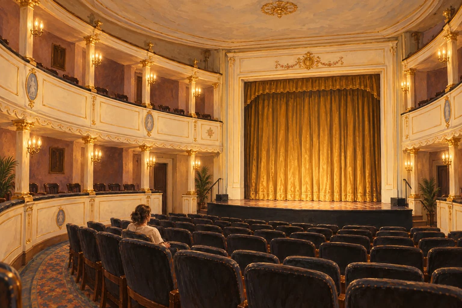 Evocation of the Historic Asolo Theater’s interior, with an intimate horseshoe room, decorated galleries and a golden curtain