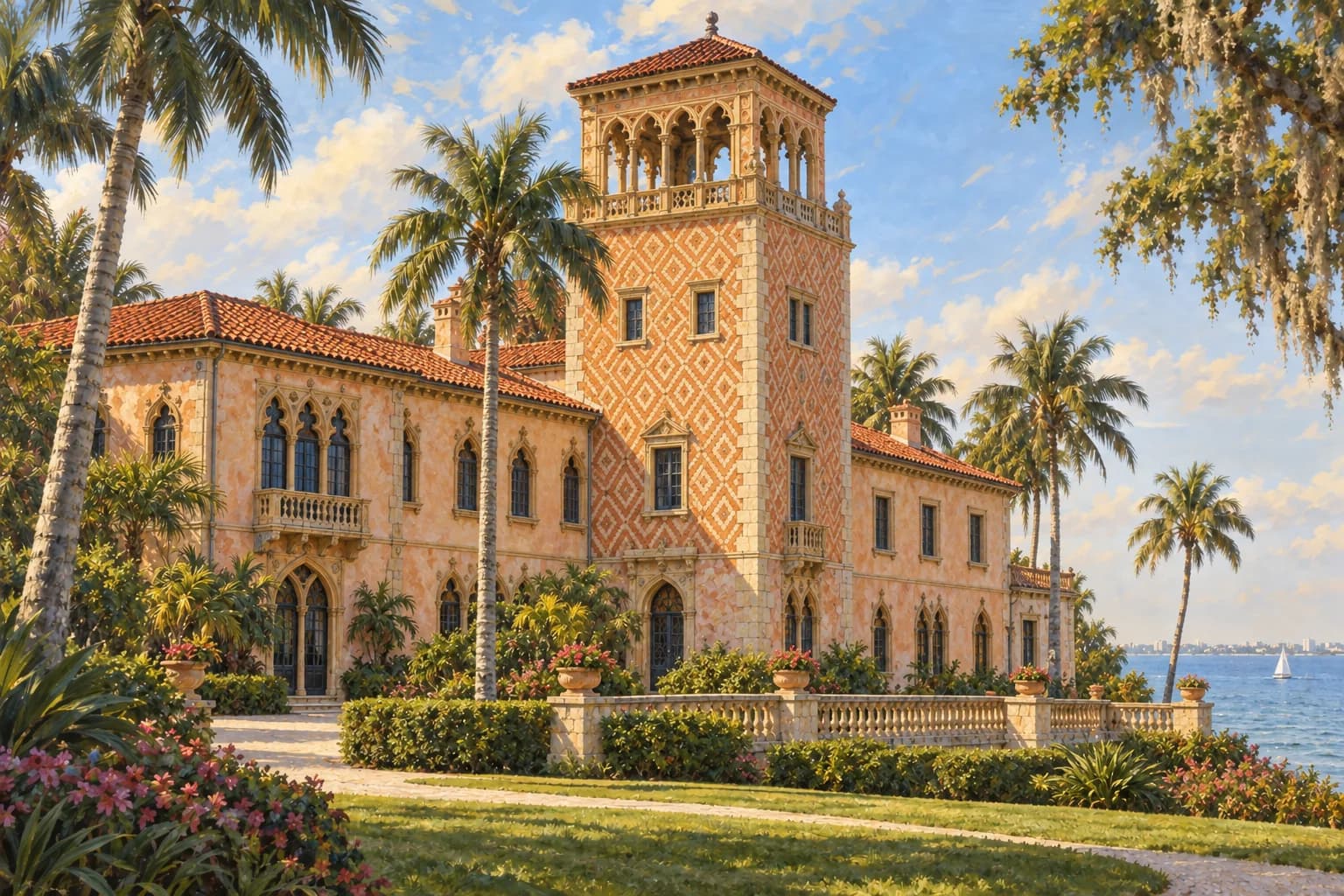 Illustration of Cà d’Zan in Sarasota, with pink-toned facades, Venetian details, tiled roofs and a geometrically decorated tower