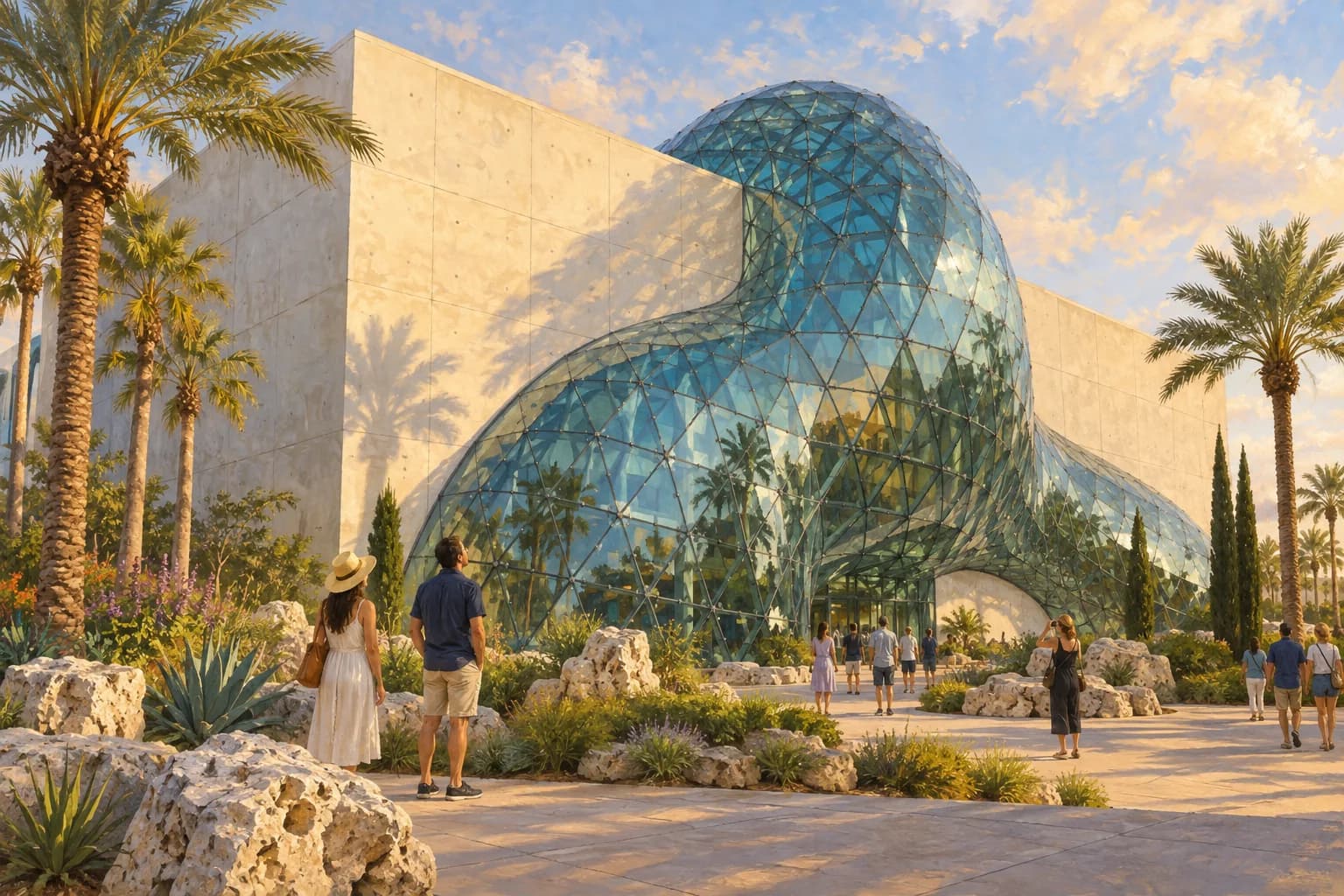 Illustration of St. Petersburg’s Dalí Museum, with a rectangular concrete block and a blue envelope of triangular glass