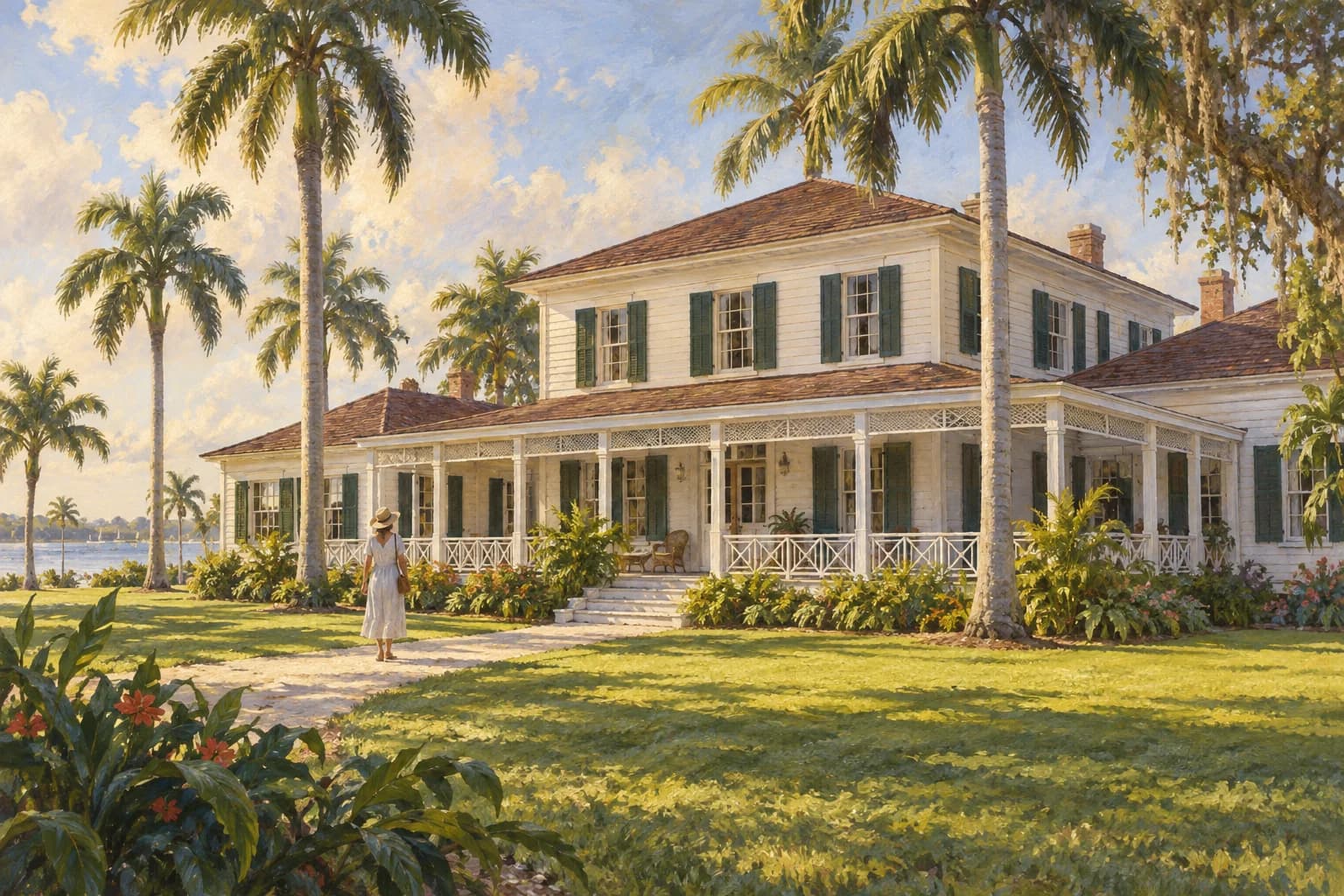 Illustration of Edison’s main house in Fort Myers, with white walls, green shutters, a wooden veranda and palms