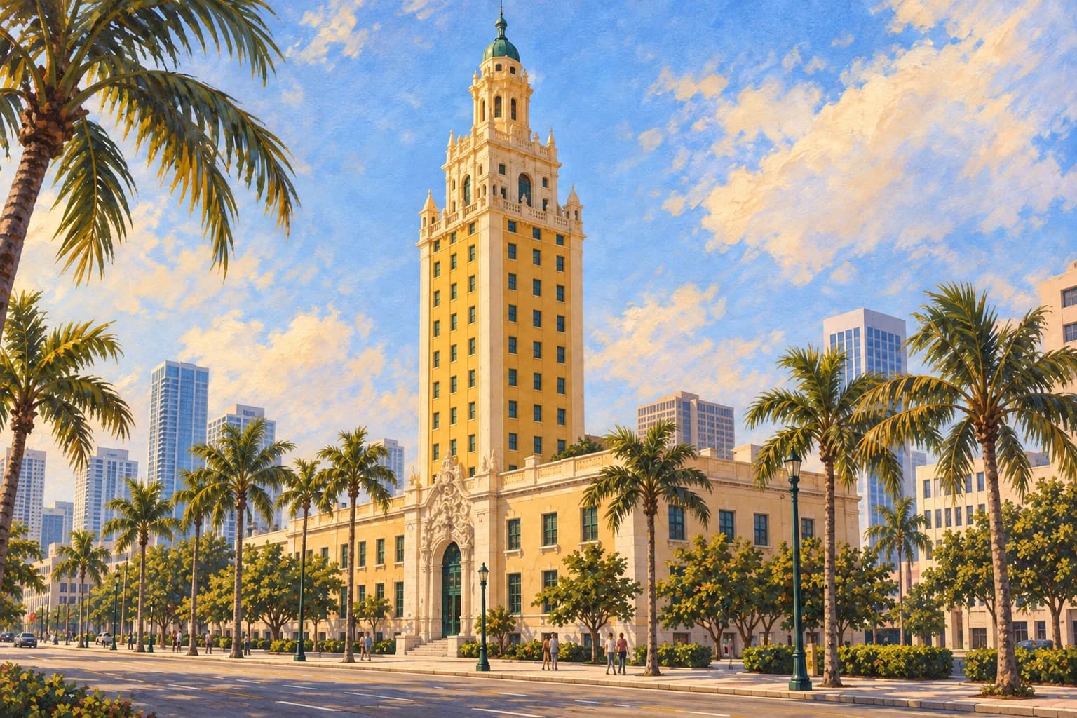 Illustration of Miami’s Freedom Tower, with an ochre shaft, regular windows and an ornate pale crown above a broad low base