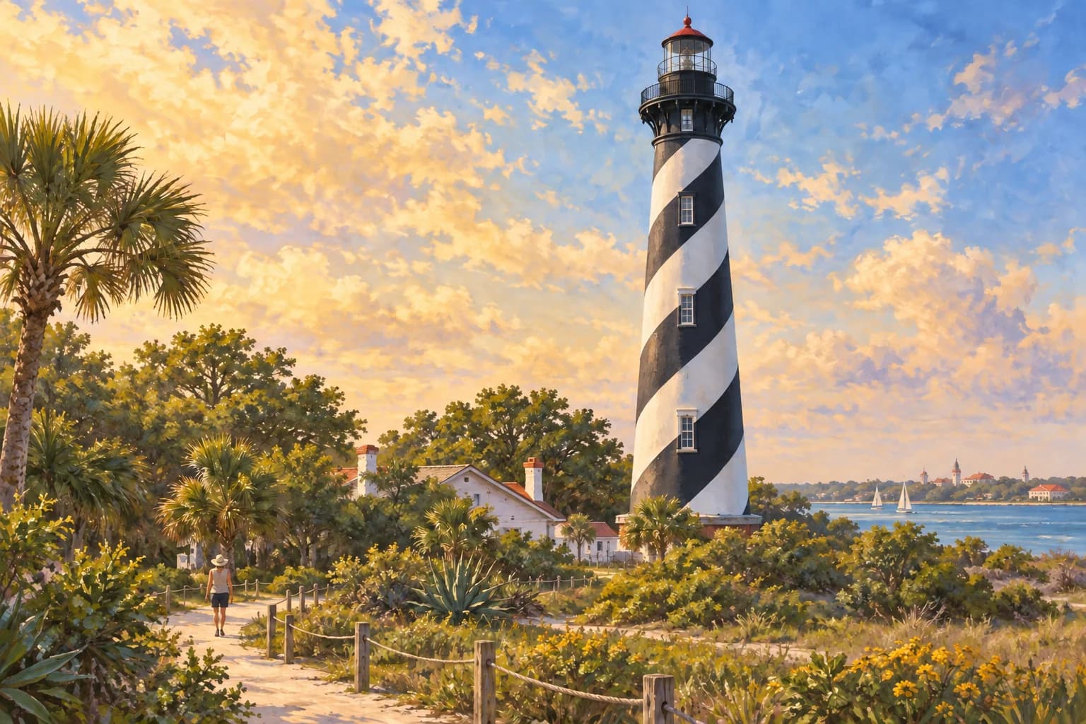 Illustration of St. Augustine Lighthouse with a black-and-white spiral, dark gallery and red roof