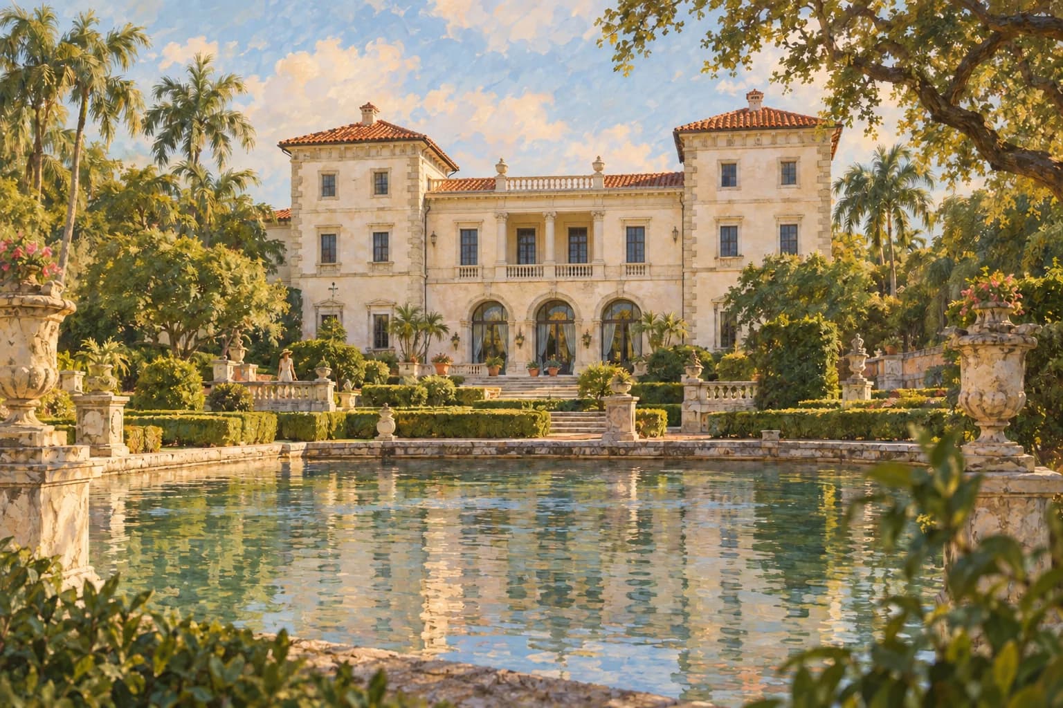 Interpretation of Vizcaya’s villa seen from its formal gardens, with cream facades, tiled roofs and a reflecting pool
