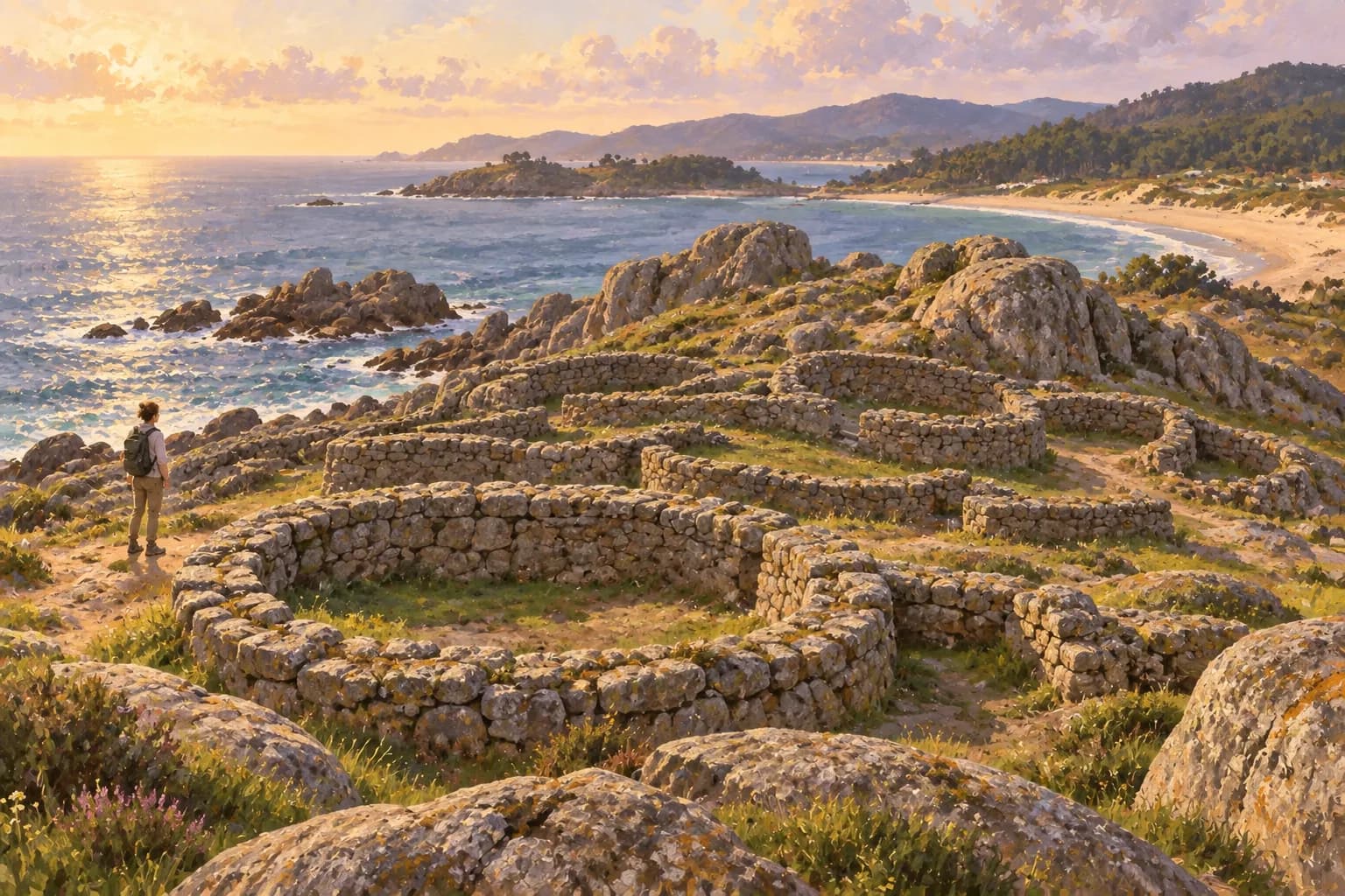 Ilustración de los muros bajos circulares y ovalados del Castro de Baroña entre afloramientos de granito y el Atlántico