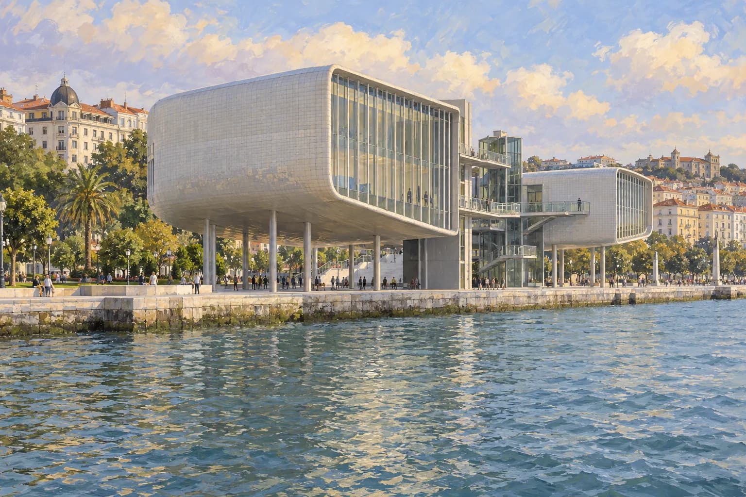 Interpretation of Centro Botín with two pale volumes raised on columns, connecting walkways and the bay beside the promenade