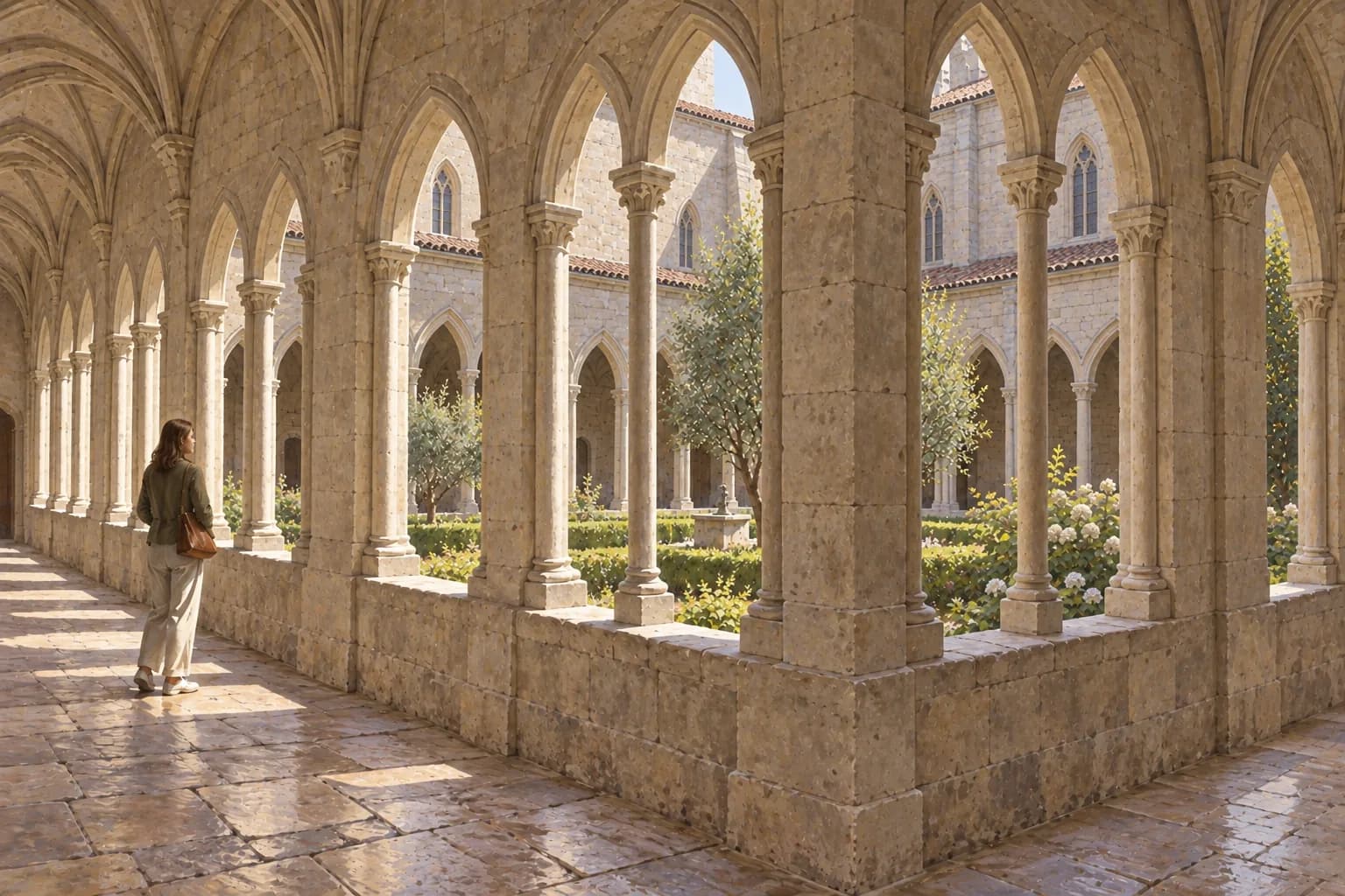 Illustration of Santander Cathedral's cloister, with pointed arches, stone vaults and a garden in the courtyard