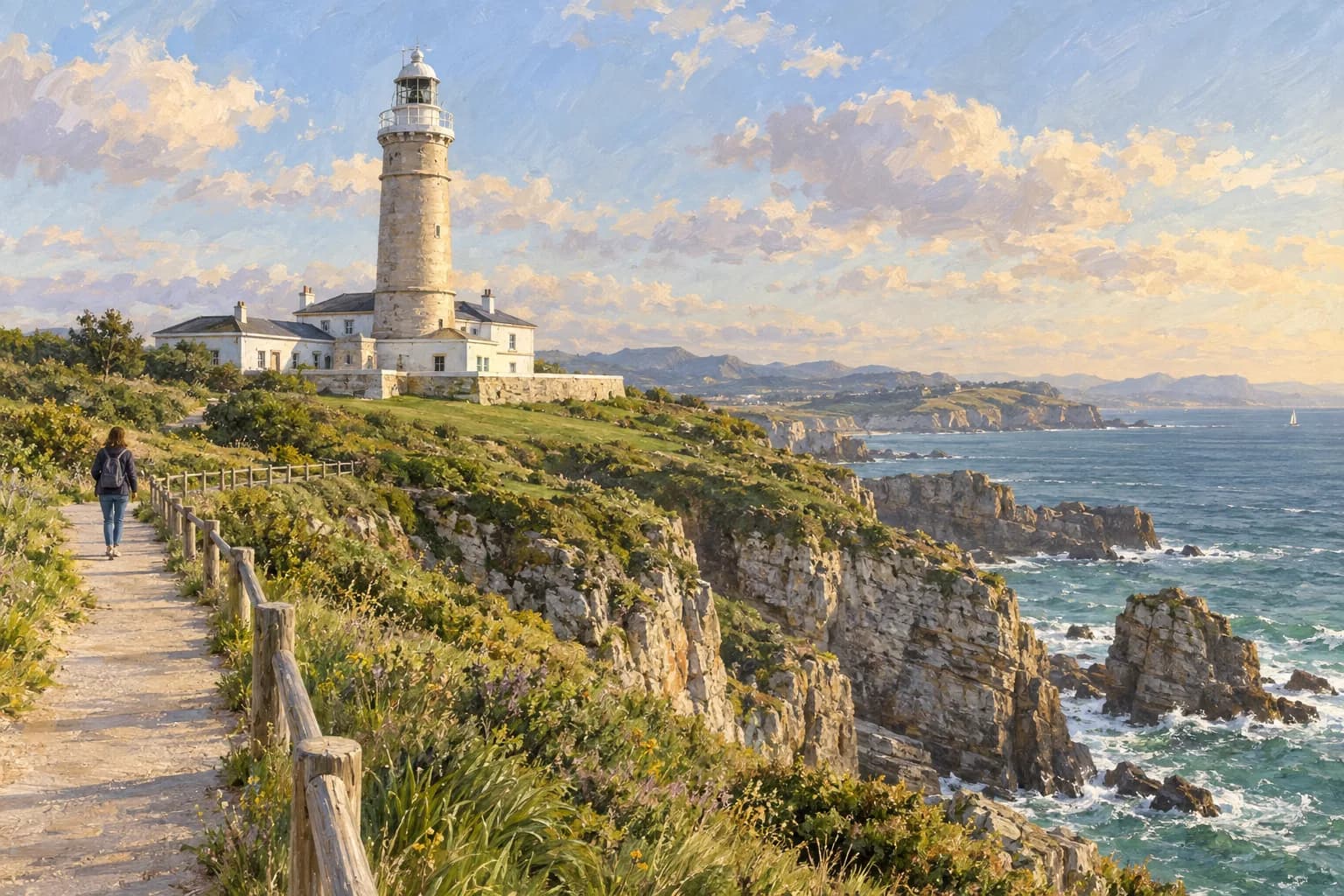 Interpretation of Cabo Mayor lighthouse with a pale cylindrical stone tower, white lantern details and low buildings on a green headland