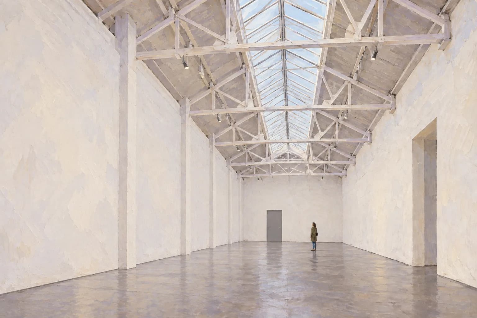Evocation of the restored interior of Naves de Gamazo, with white roof trusses, overhead light and a visitor in the open hall