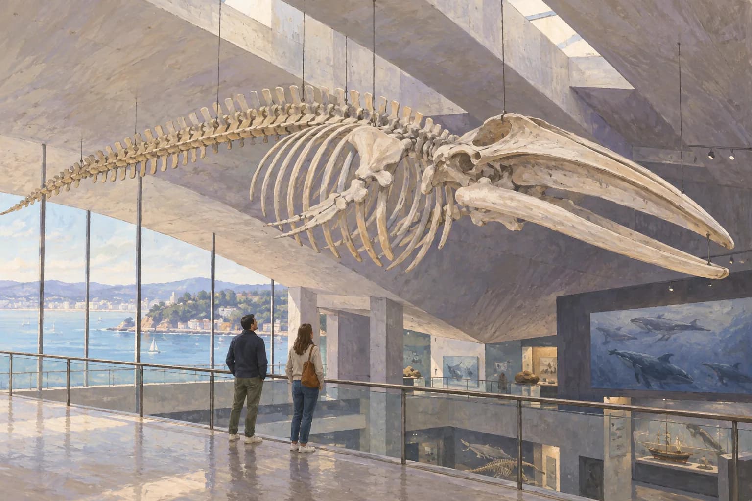 Evocation of a large whale skeleton suspended in a maritime museum, with small visitors indicating its scale