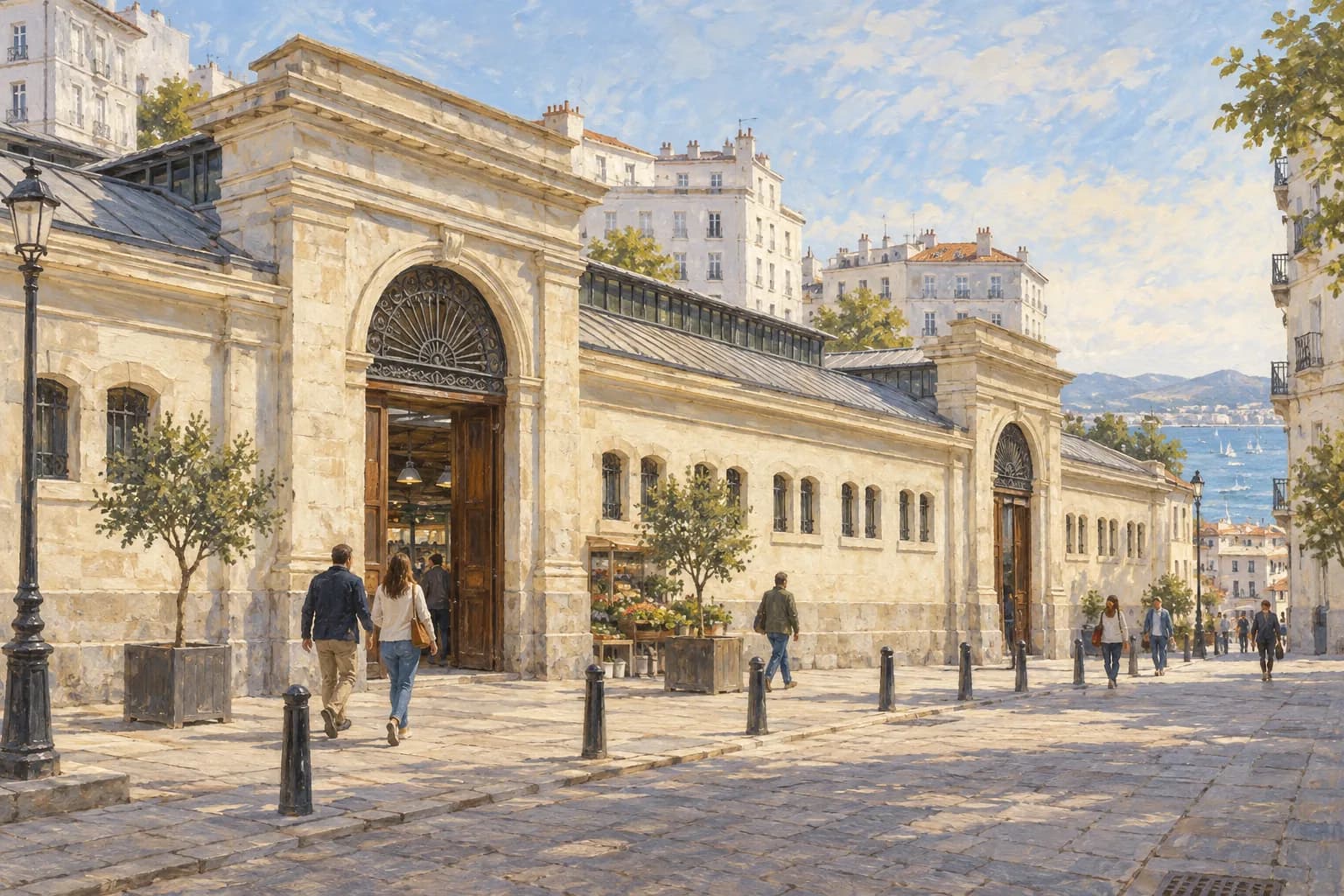 Interpretation of the low, pale facade of Mercado del Este, with a timber entrance, rounded arch and pedestrians in the street