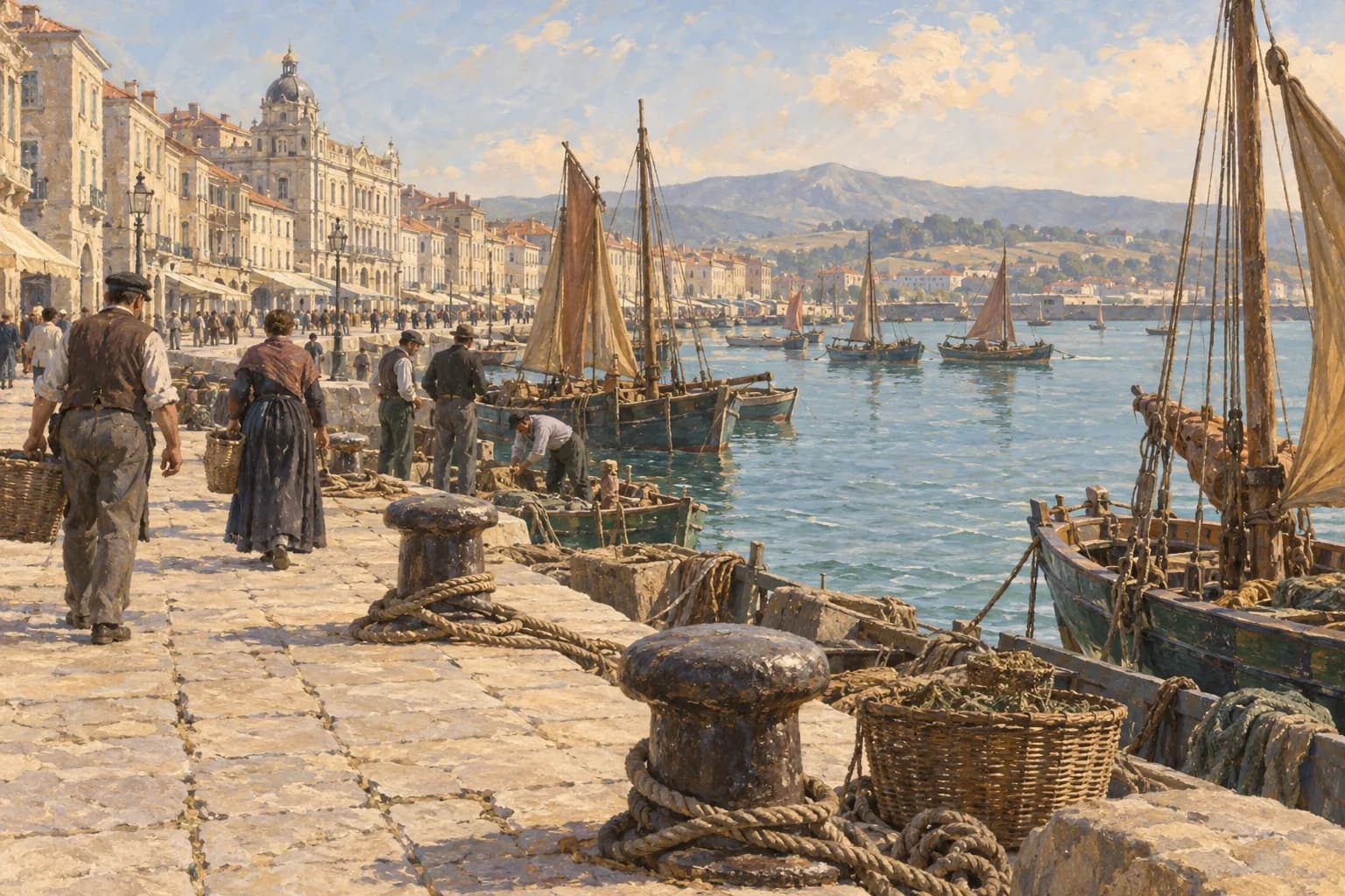 Painterly evocation of a Santander quay with sailing boats, ropes and adult harbour workers; it does not depict Los Raqueros sculptures