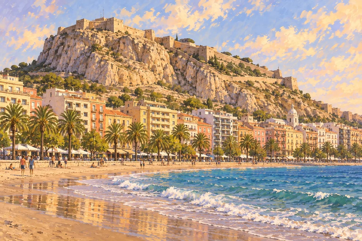 Ilustración del castillo de Santa Bárbara sobre la roca del Benacantil, detrás de edificios y palmeras de Alicante, visto desde la playa del Postiguet