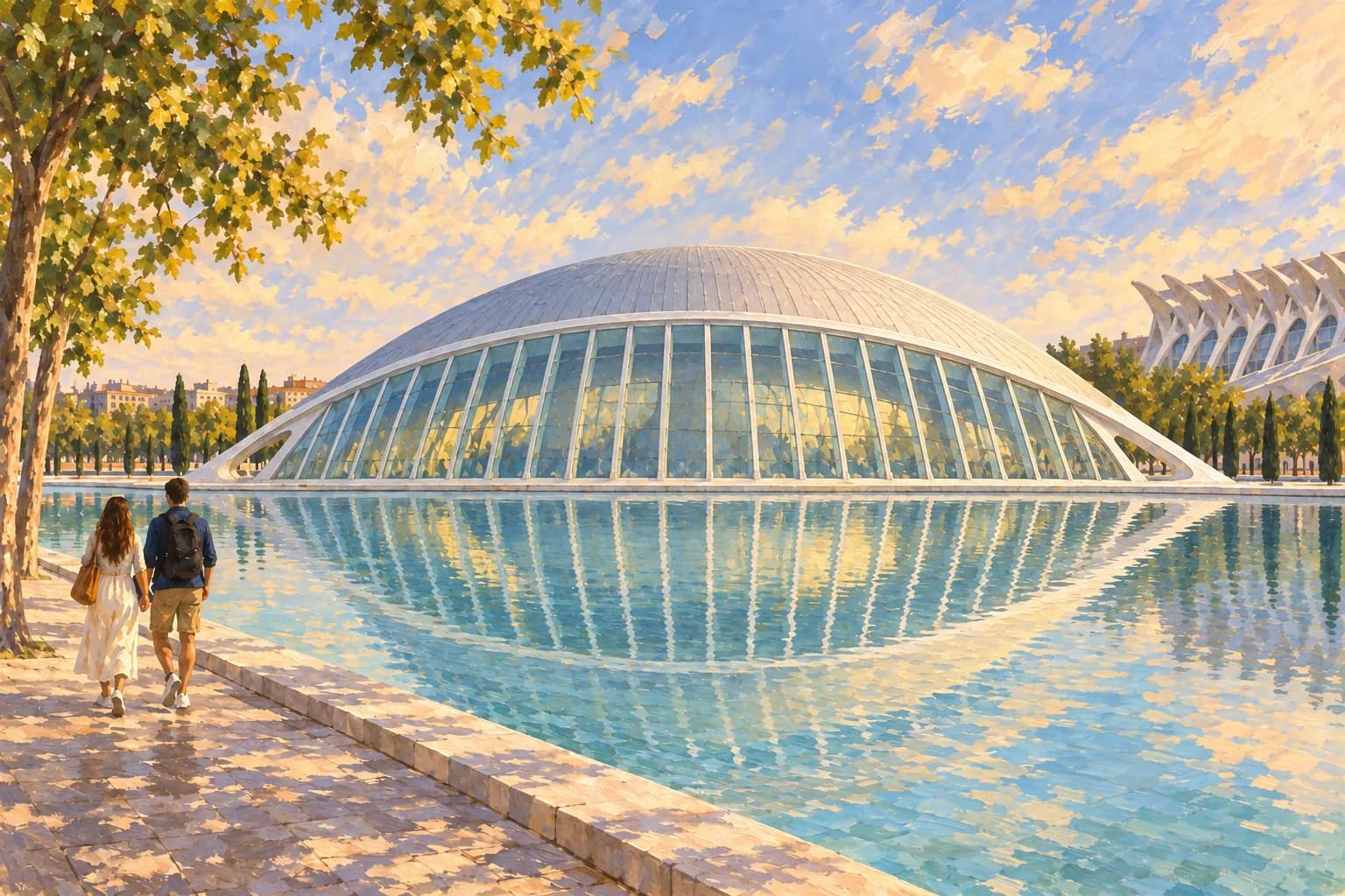 Interpretación del Hemisfèric de València, con cubierta blanca, fachada curva de vidrio y reflejo en el estanque junto a una zona peatonal