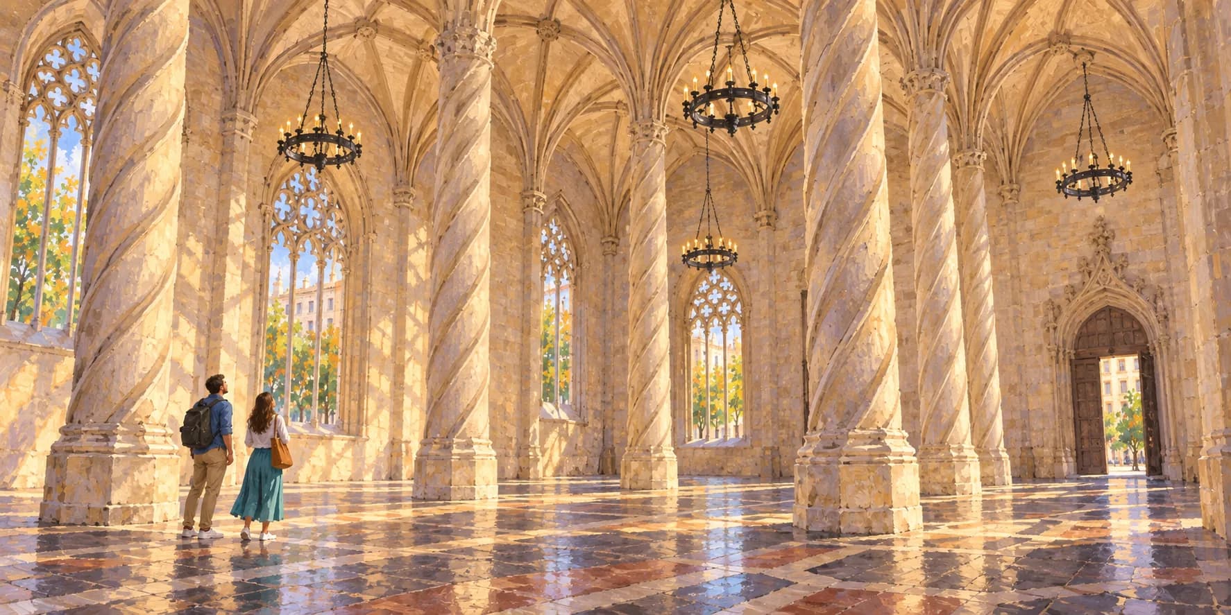 Interpretación pictórica de la Sala de Contratación de la Lonja de València, con columnas helicoidales y bóvedas de crucería iluminadas por el sol