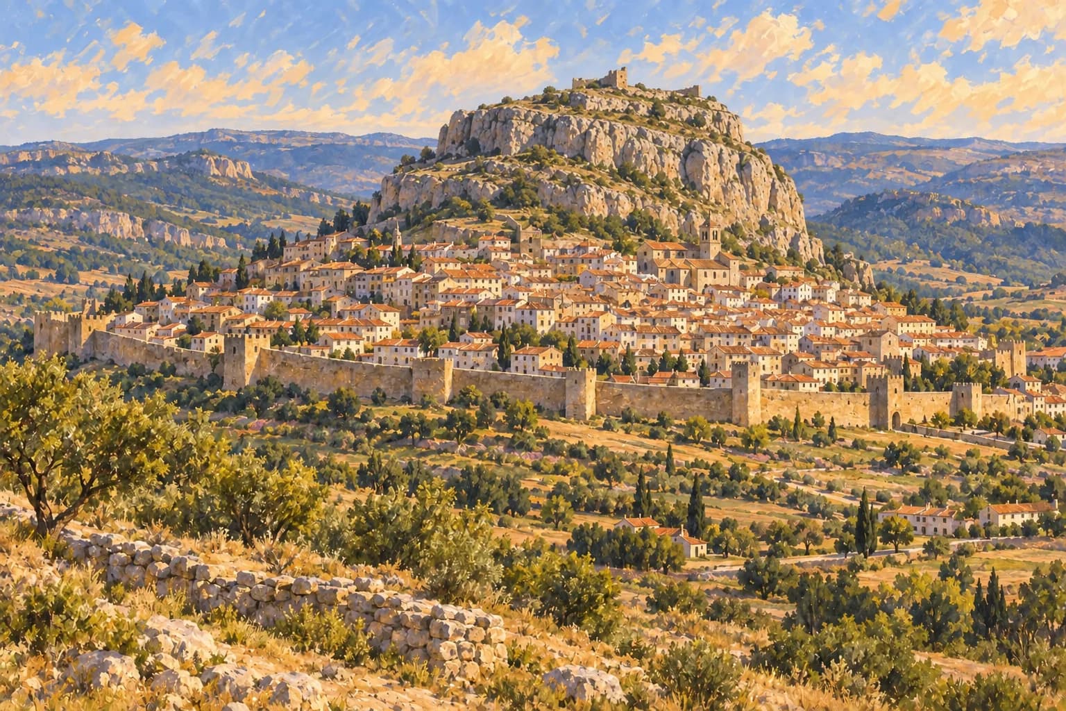 Ilustración de Morella, con su muela rocosa y restos del castillo sobre un conjunto de tejados de terracota rodeado por murallas, en un paisaje montañoso del interior