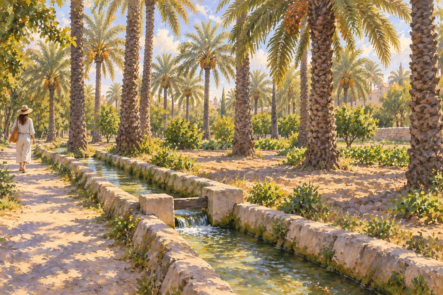 Ilustración de un huerto de palmeras datileras inspirado en el Palmeral de Elche, con una acequia estrecha y un partidor entre suelo cultivado y senderos