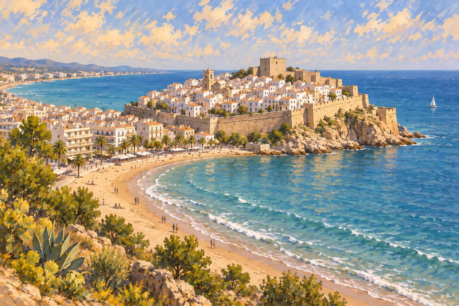 Ilustración de la península de Peñíscola, con casas blancas, murallas de piedra y el castillo sobre el casco antiguo, unida a la costa junto al Mediterráneo